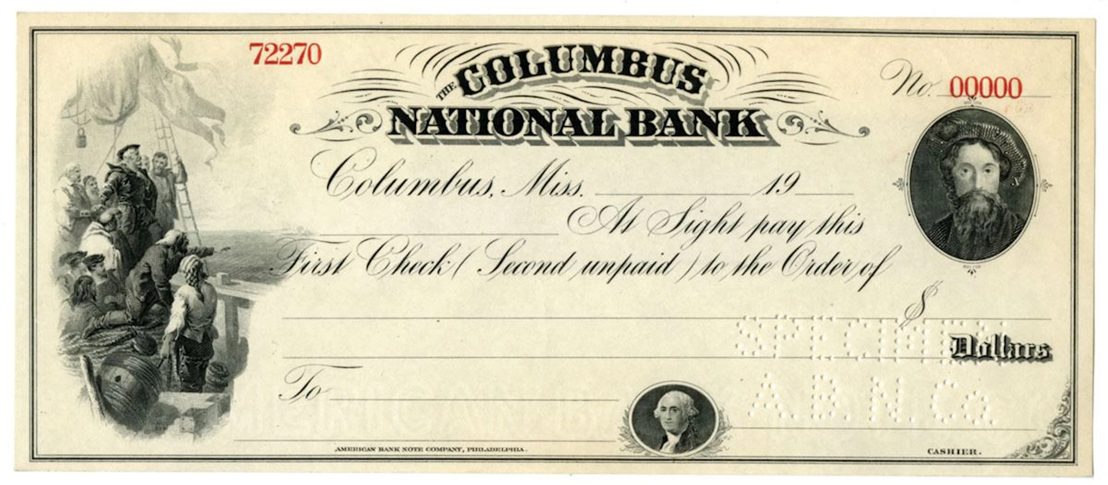 MS. Columbus National Bank, ND (1900 to 1920s), Specimen Check.