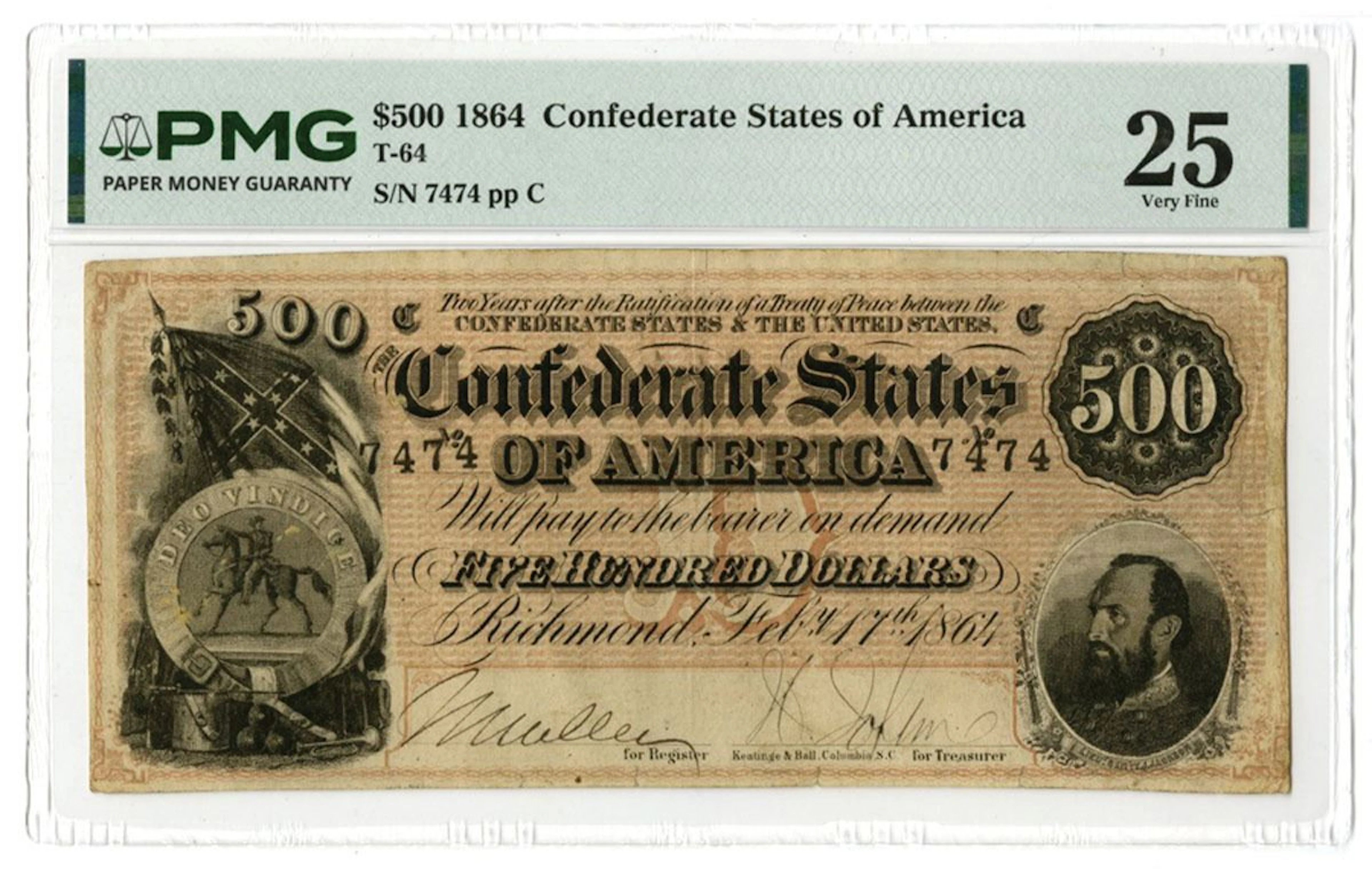 VA. C.S.A., February 17, 1864, $500, T-64, Issued Banknote with Repeater