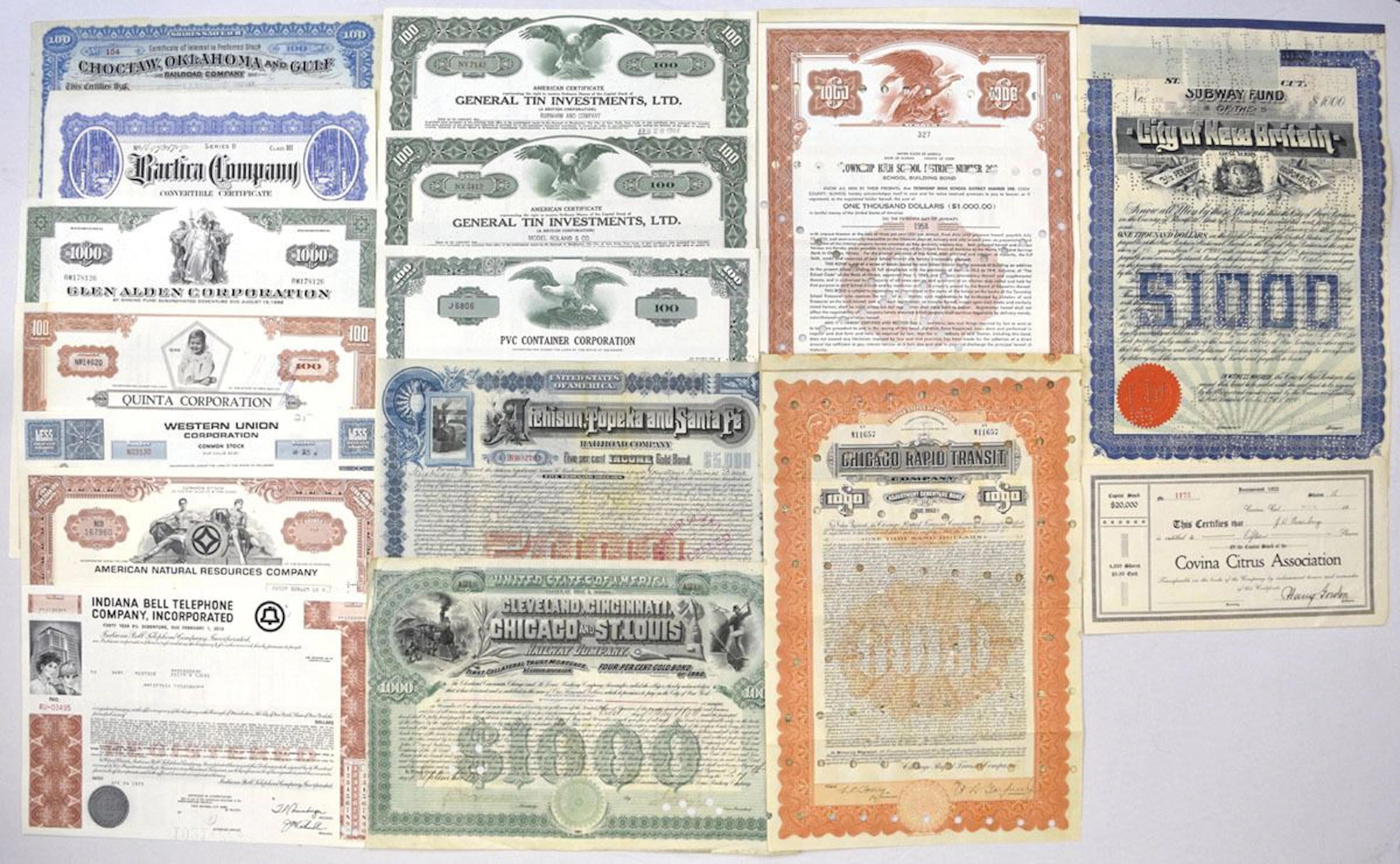 Railroad, Utility, and Corporate Stock & Bond Assortment, 1890s to 1970s