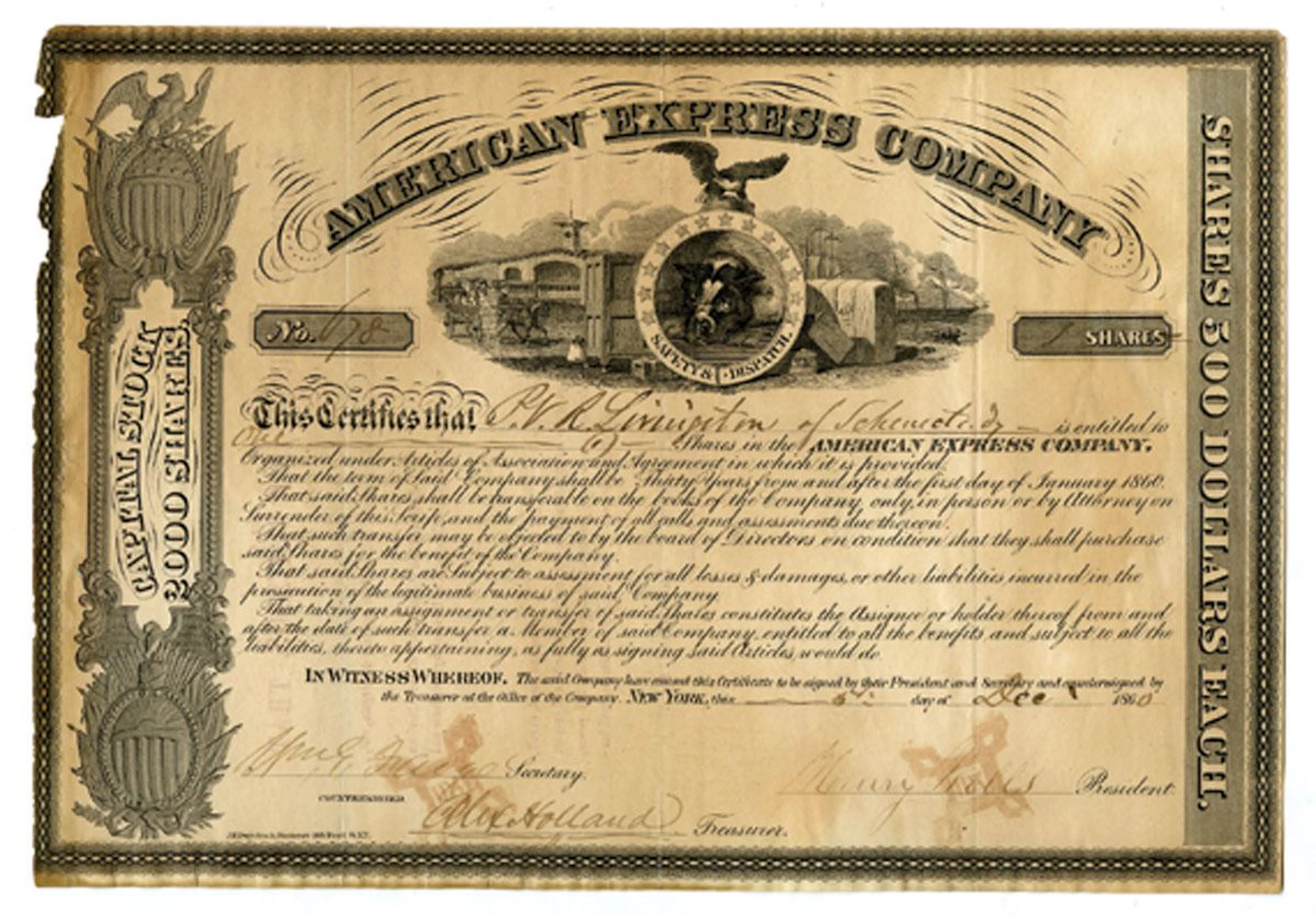 NY. American Express Co., 1860, Issued Stock Certificate signed by