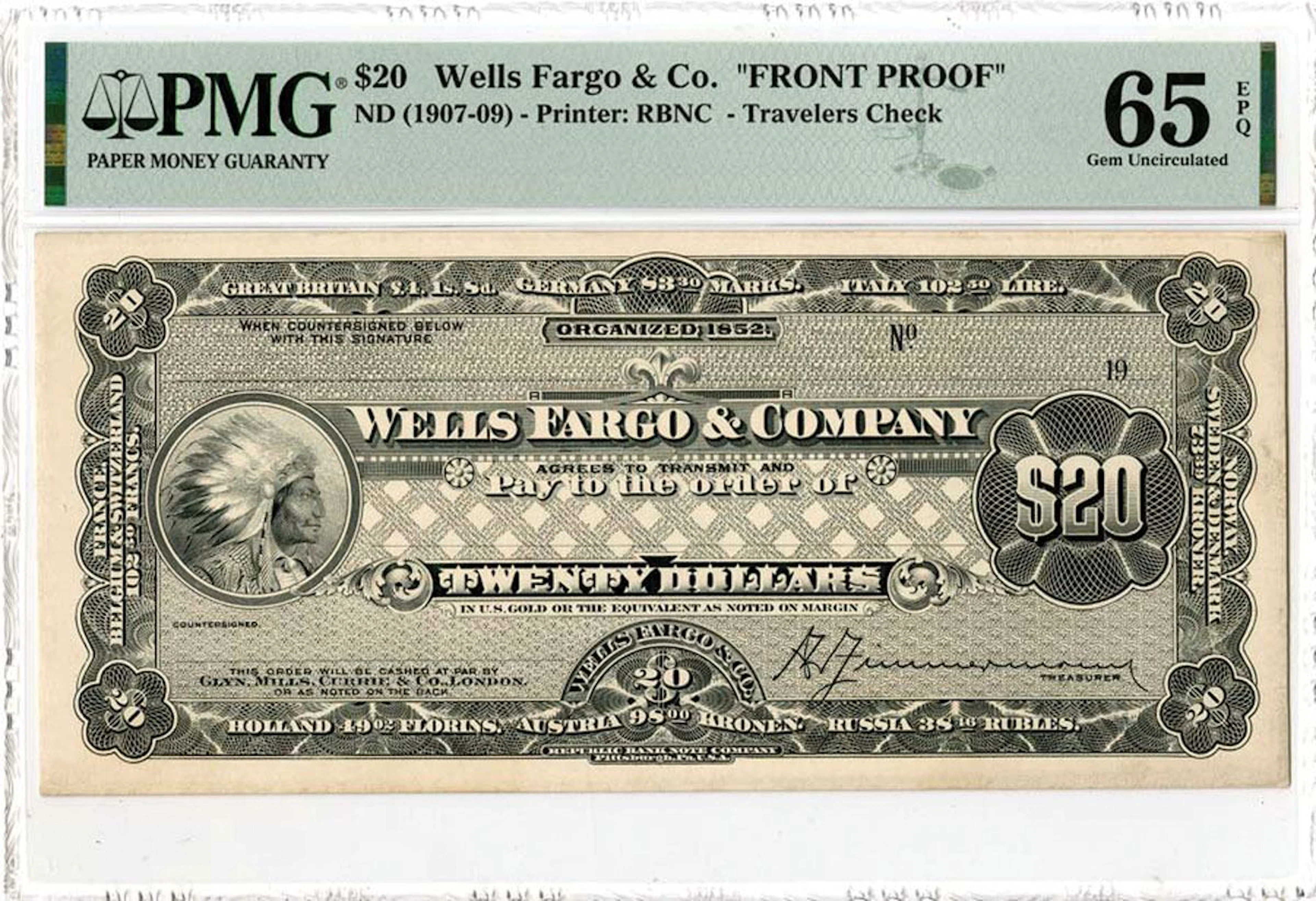 Wells Fargo & Co., ND (ca.1900) Proof Traveler's Check.