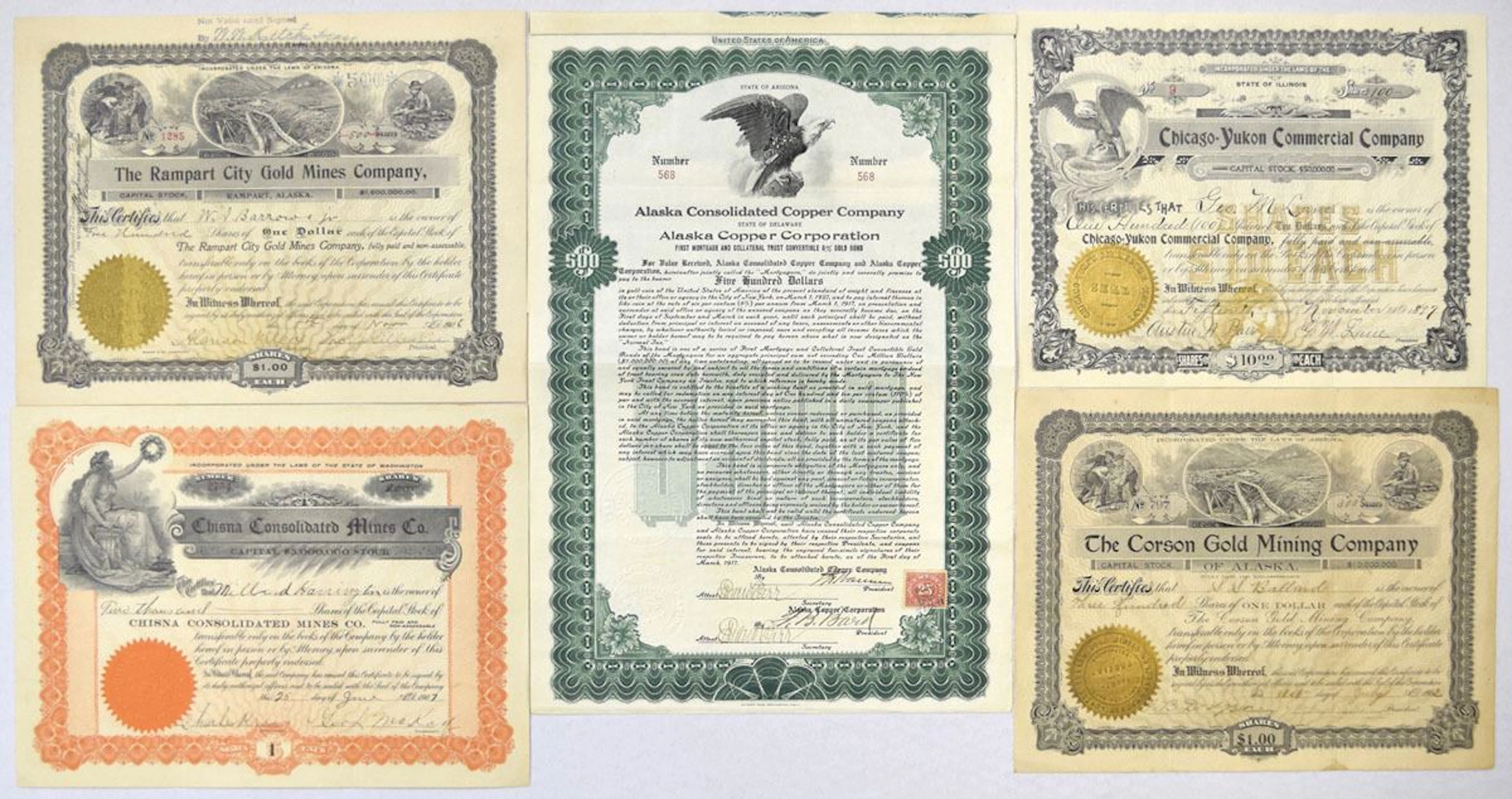 AK. Alaska Mining I/U Stock and Bond Collection, ca.1897 to 1917.