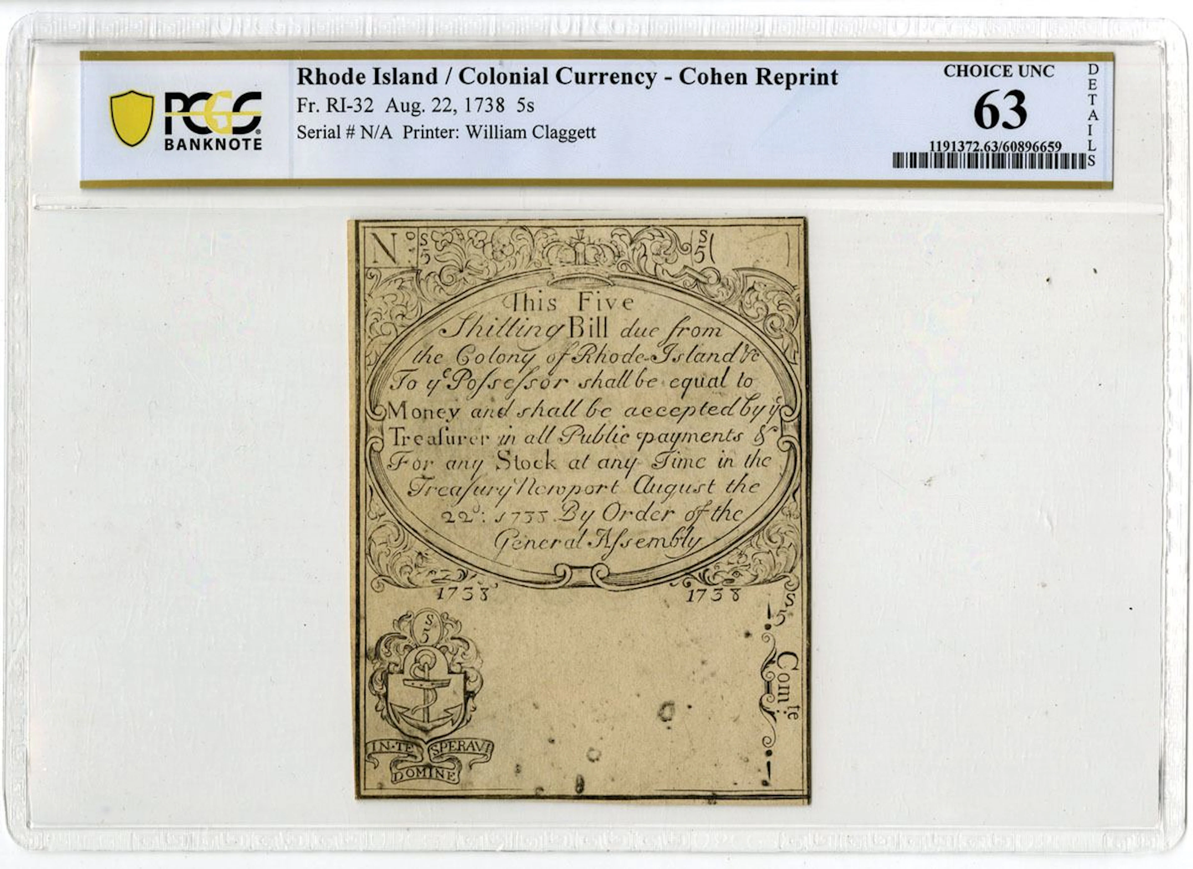 RI. Colony of Rhode Island, August 22, 1738, 5 Shillings, Cohen Reprint