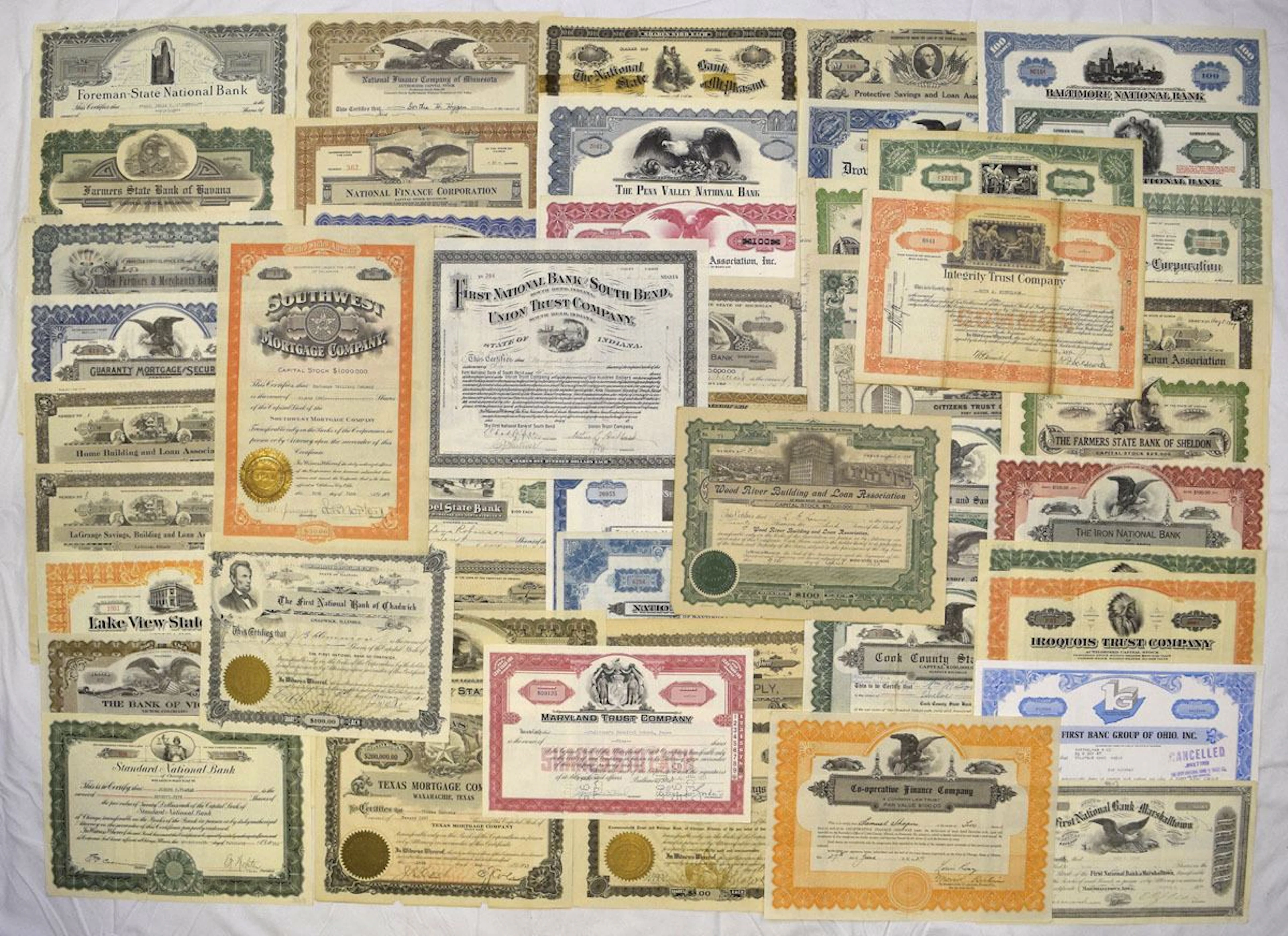 Banking, Trust & Finance Stock Certificate Assortment, 1880s to 1940s