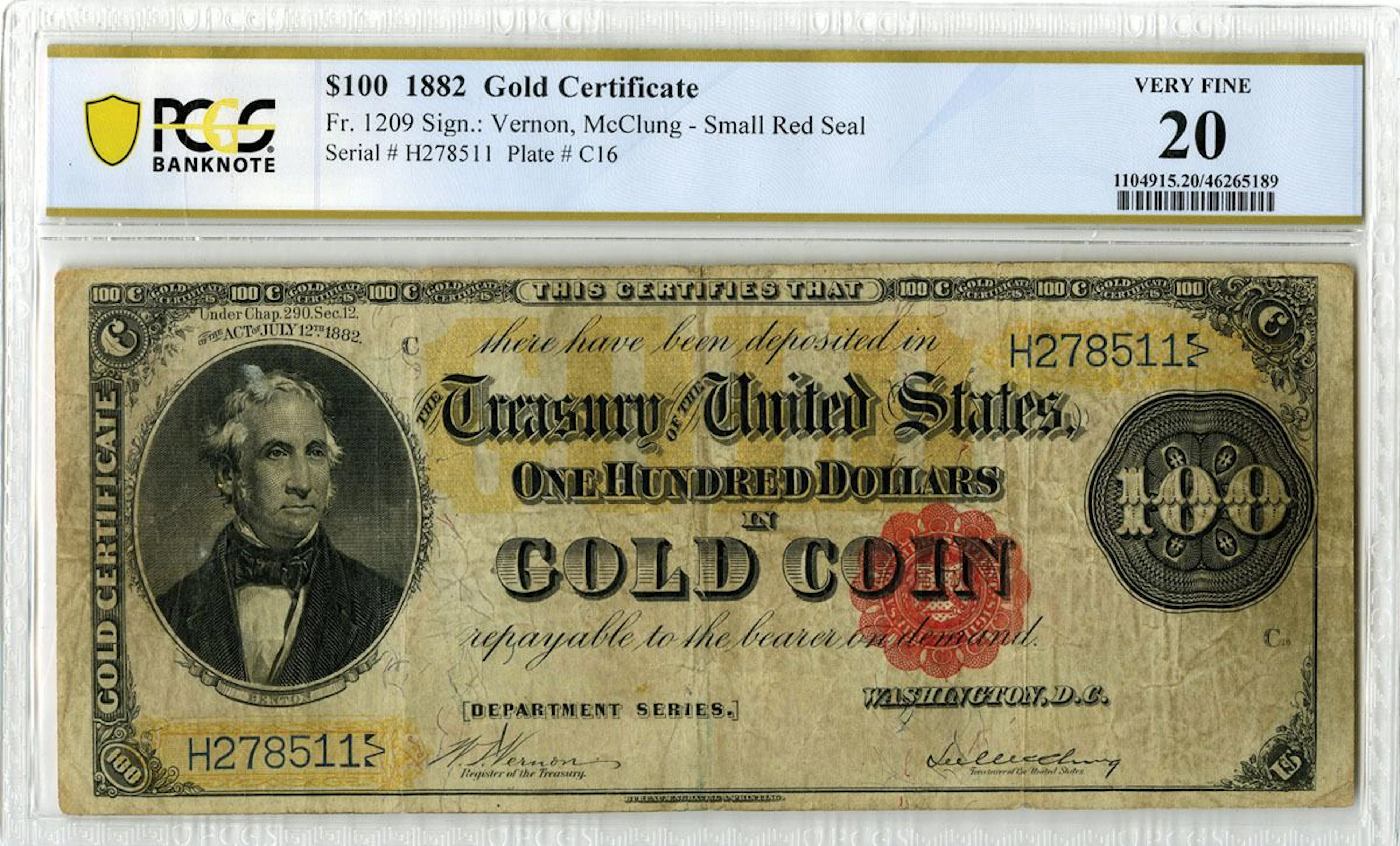 U.S. Gold Certificate. 1882 $100, Fr.# 1209, Issued Banknote, PCGS Very Fine 20