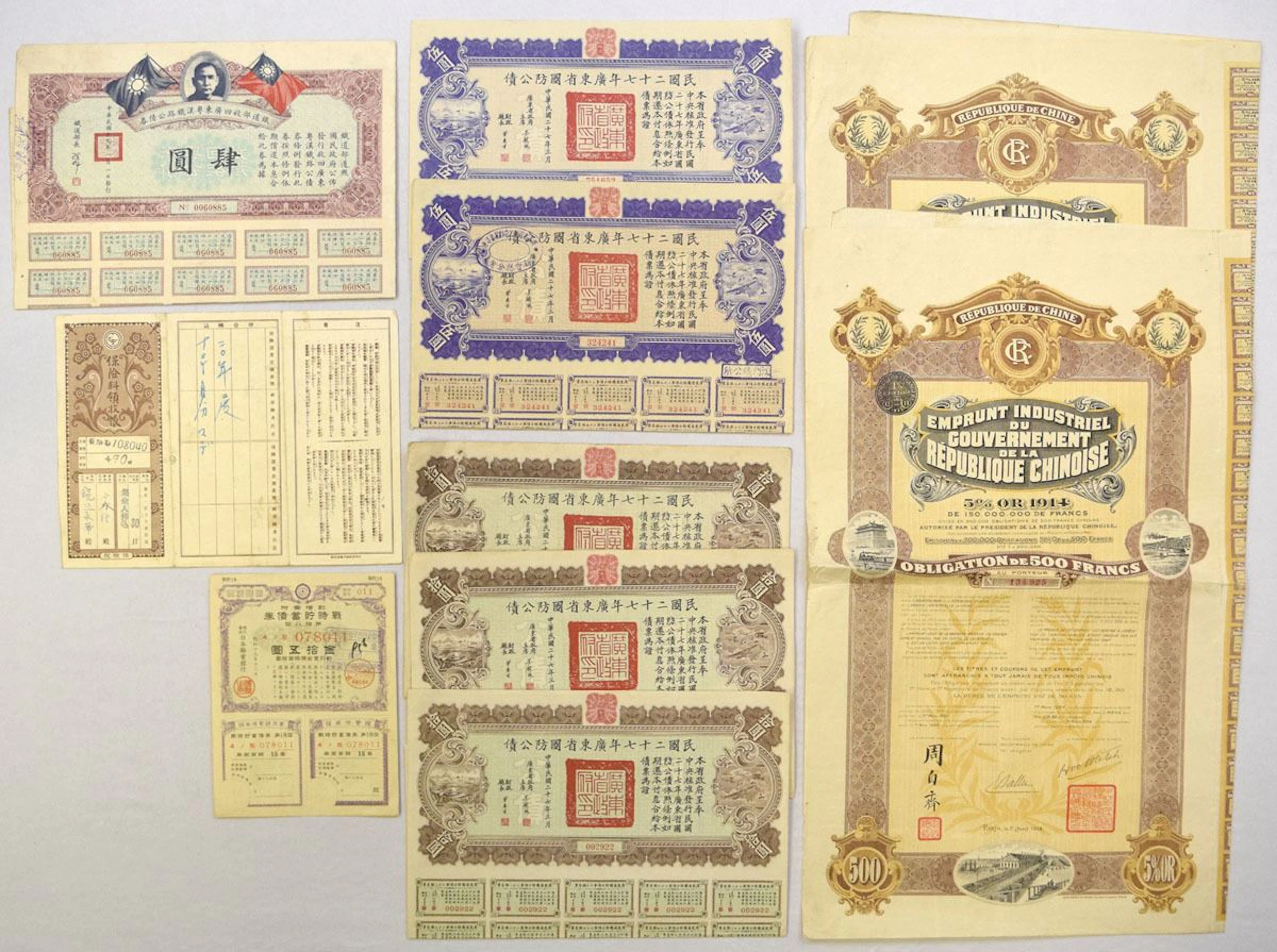 Chinese Bond, Share & Fiscal Document Assortment 1914 to 1938