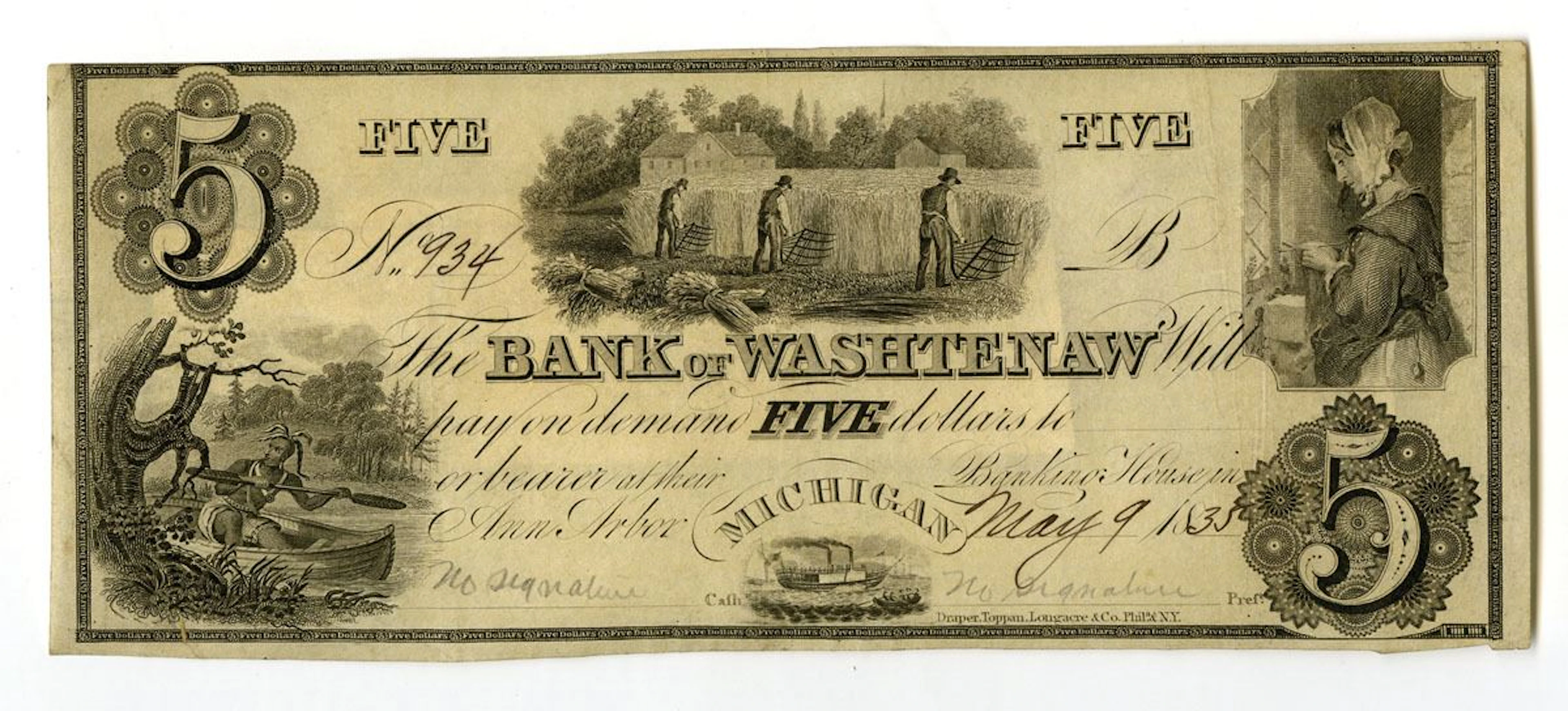 MI. Bank of Washtenaw, 1835, Issued Obsolete Banknote.
