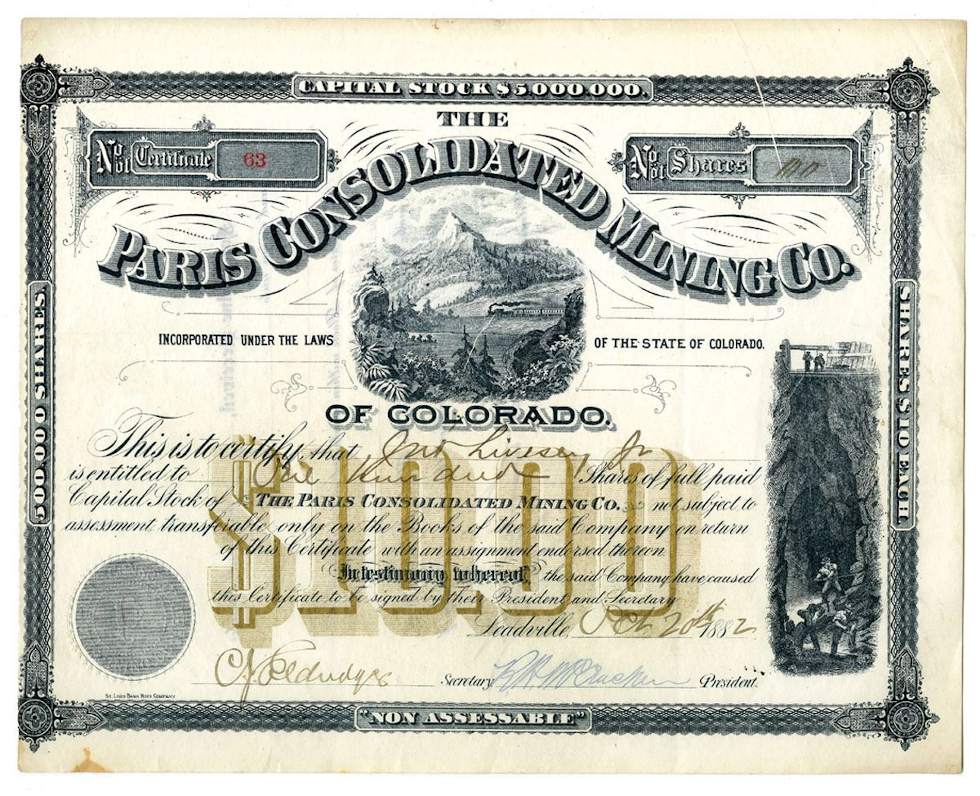 CO. Paris Consolidated Mining Co., 1882 I/U Stock Certificate