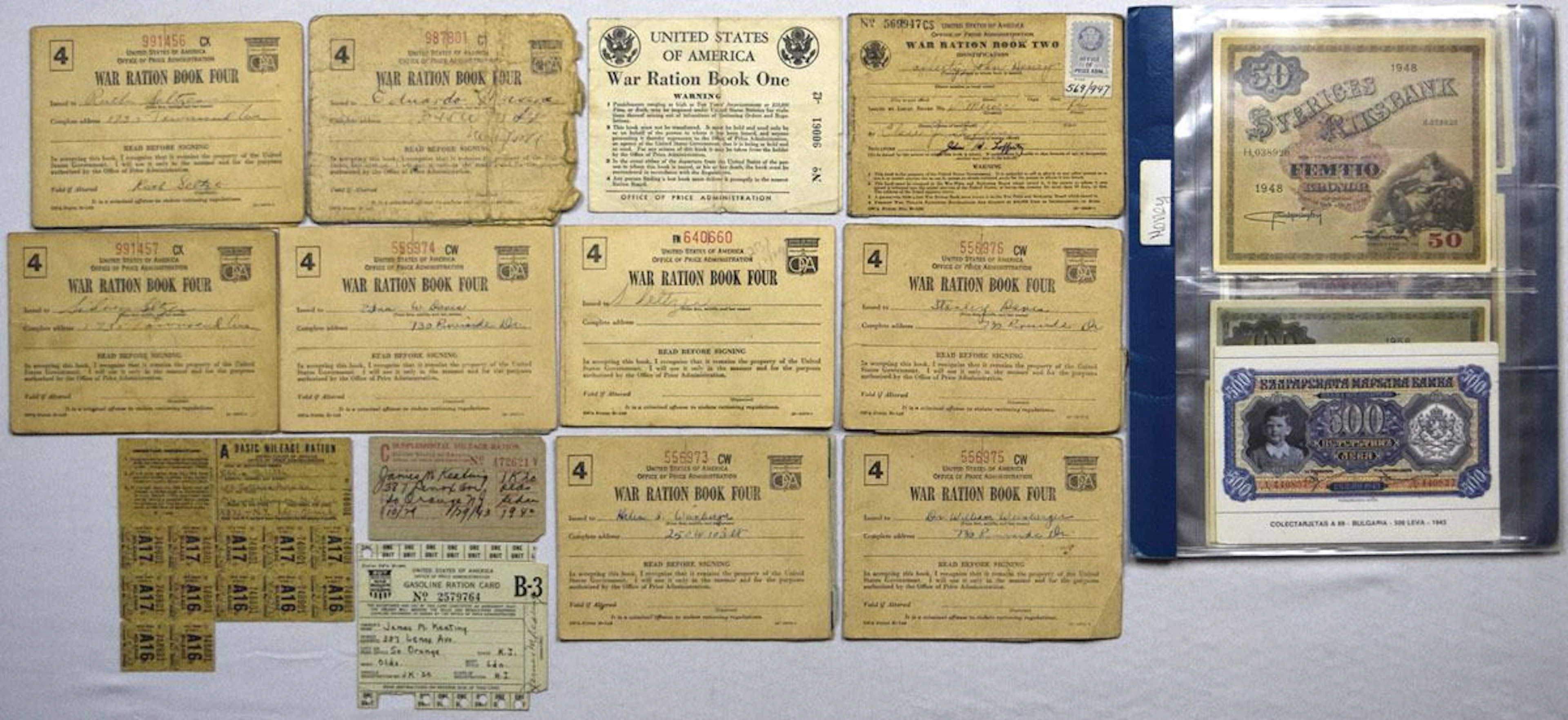 Ration Books, Gasoline Ration Card & Souvenir Banknote Assortment