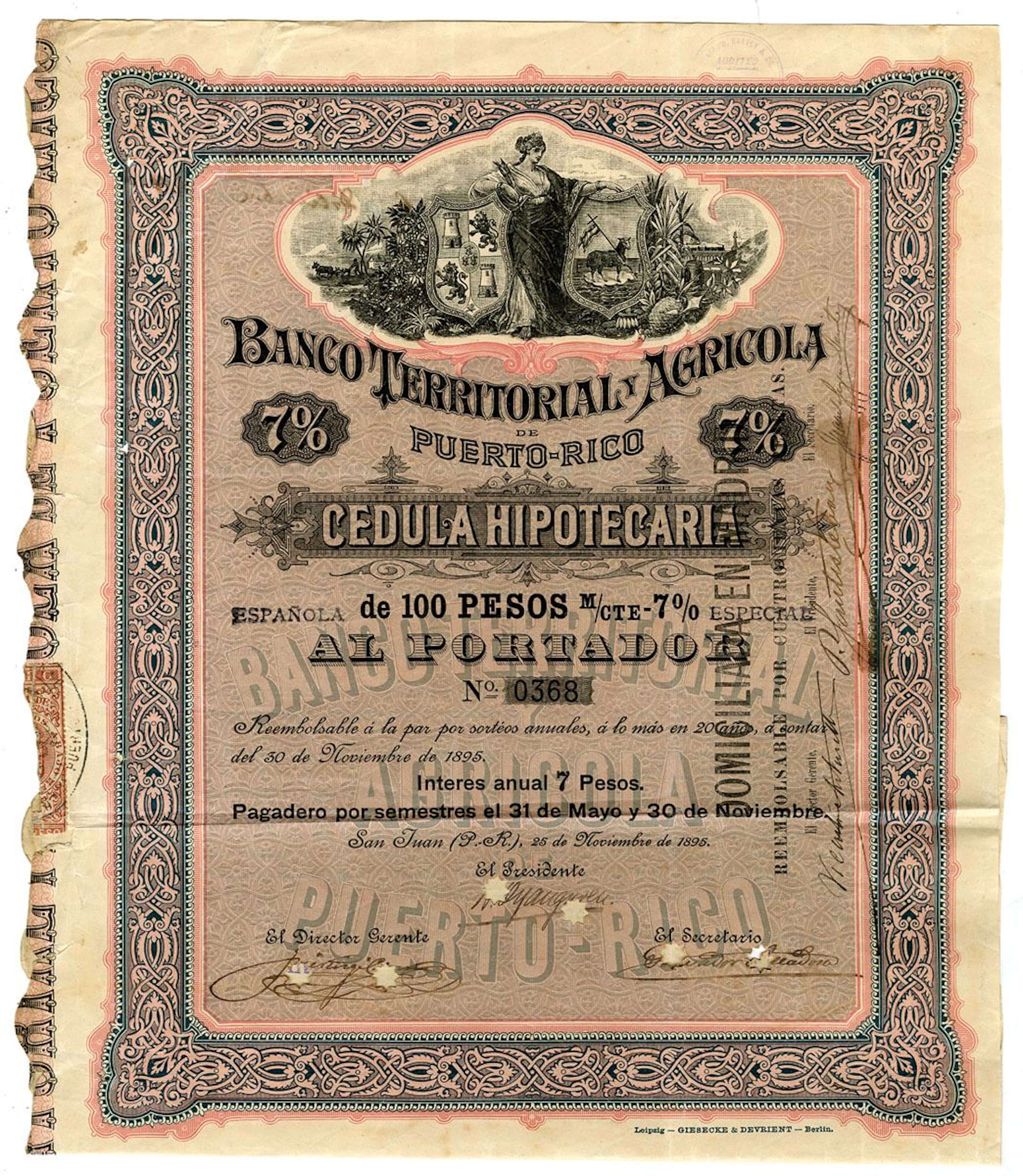 Puerto Rico. Banco Territorial y Agricola de Puerto Rico, 1895, I/C Bond