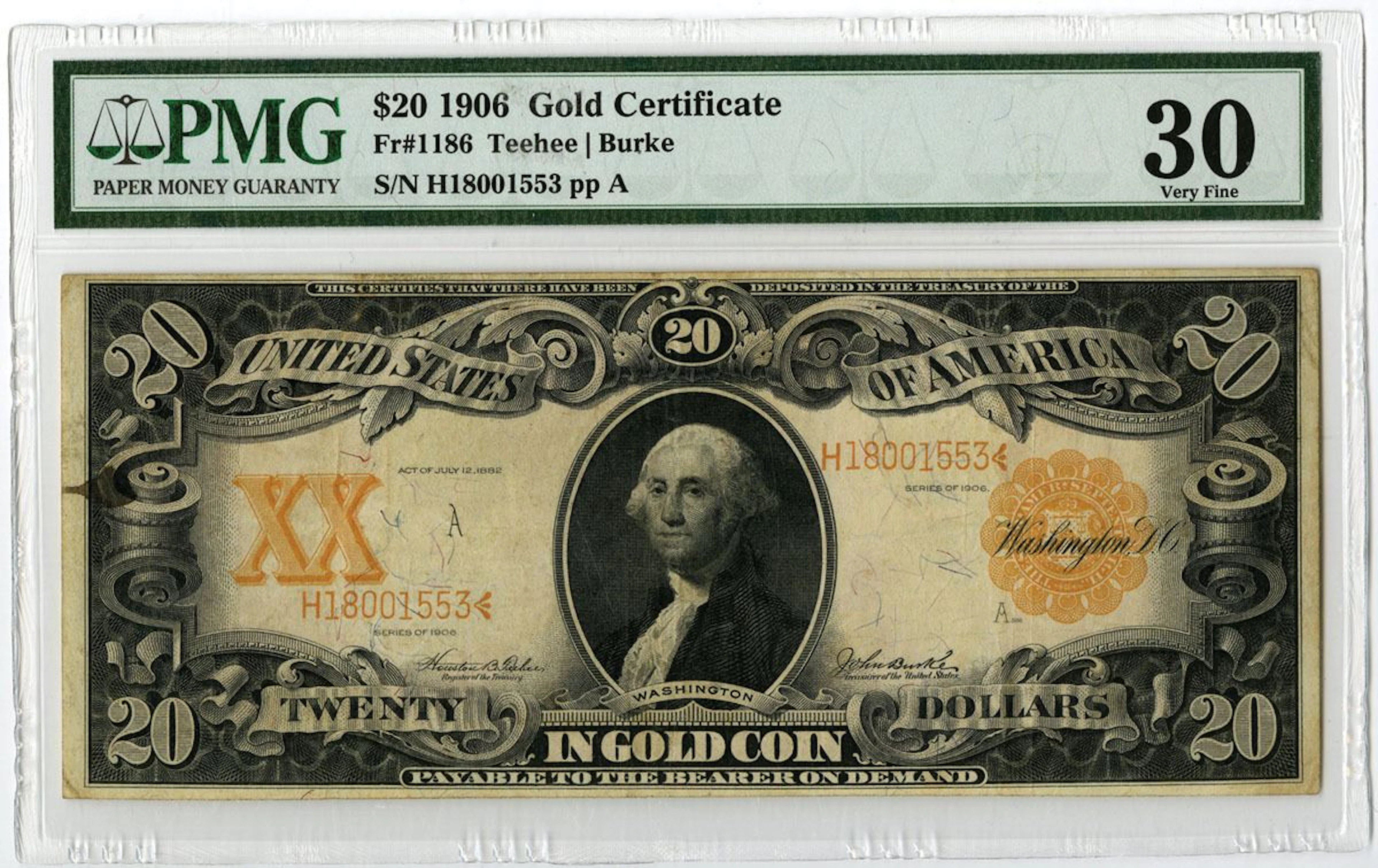 U.S. Gold Certificate. 1906 $20, Fr.# 1186, Issued Banknote, PMG Very Fine 30