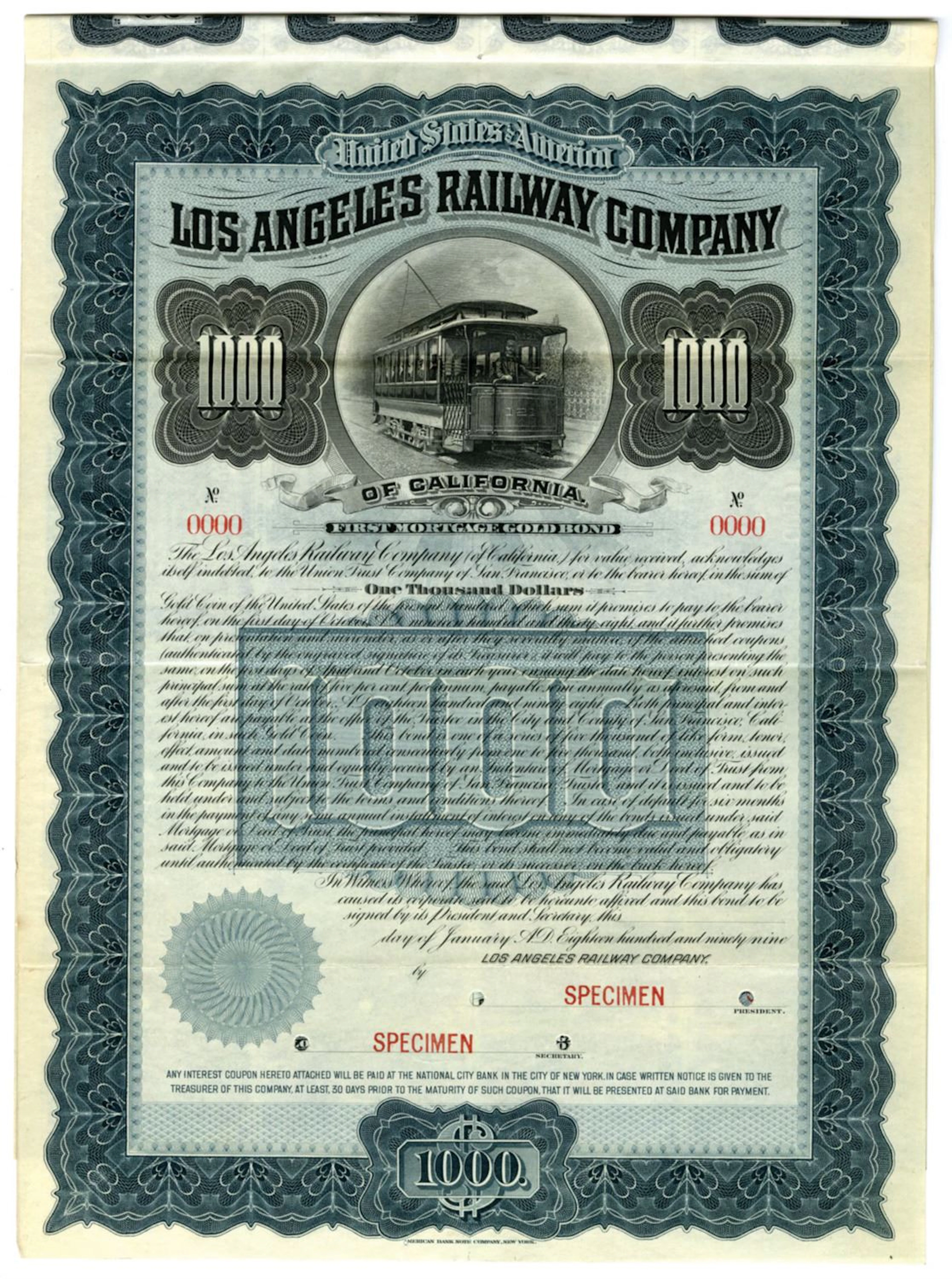 CA. Los Angeles Railway Co., 1898, Specimen Coupon Bond Rarity.