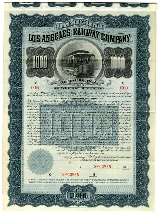CA. Los Angeles Railway Co., 1898, Specimen Coupon Bond Rarity.