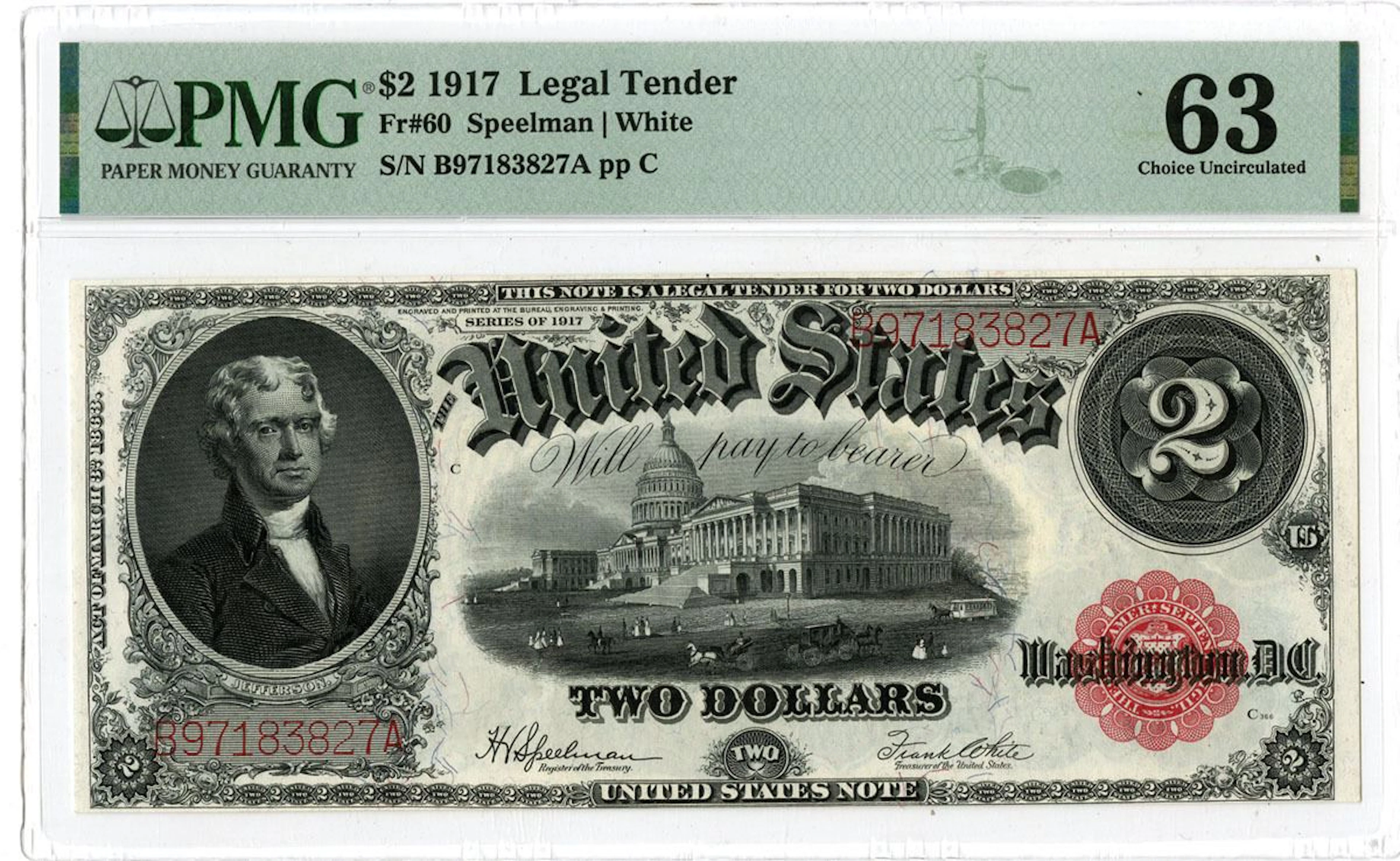 U.S. Legal Tender Note. 1917 $2, Fr.# 60, Issued Banknote, PMG Choice