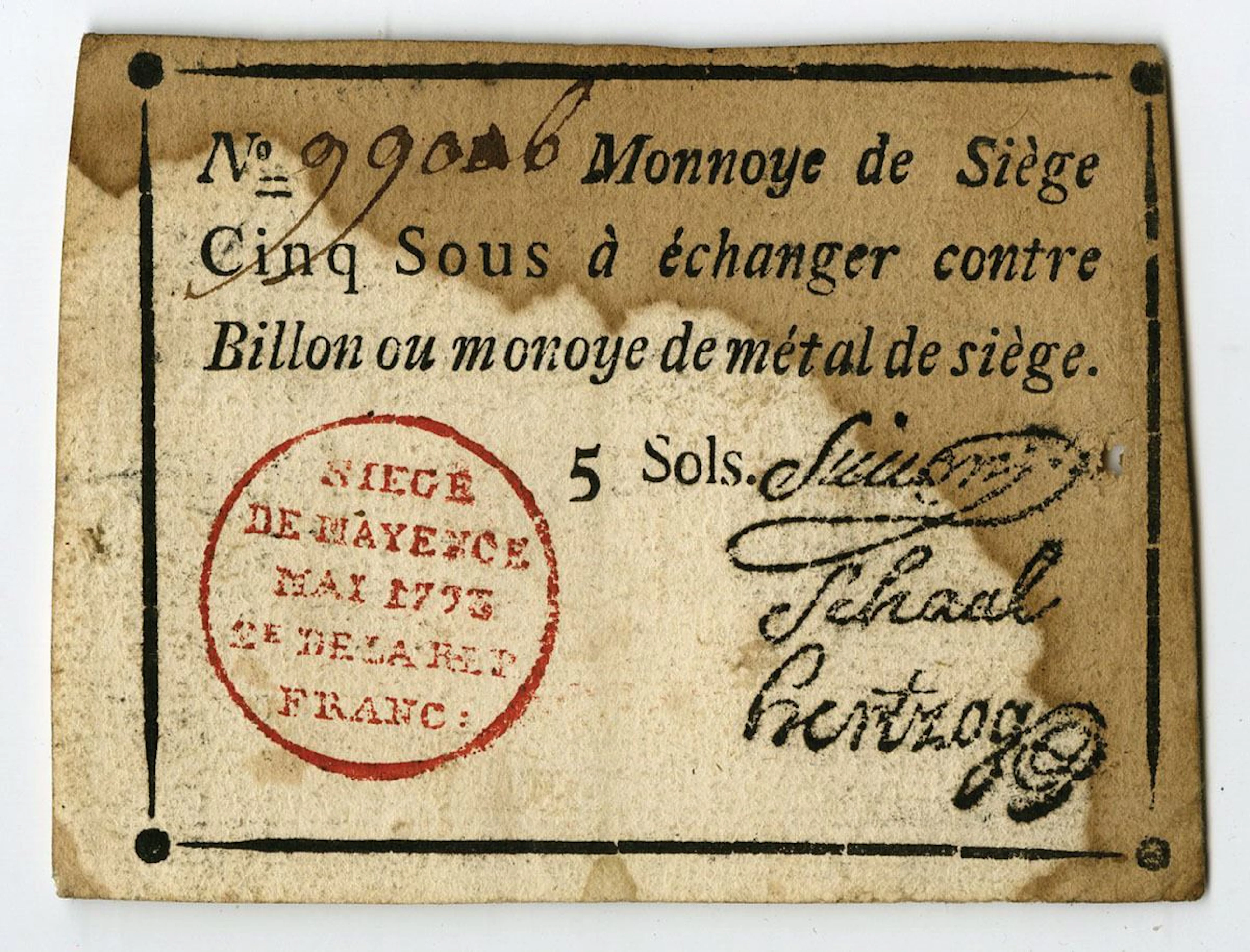 France. French Revolutionary War Siege Note, Siege of Mainz, 5 Sols, 1793