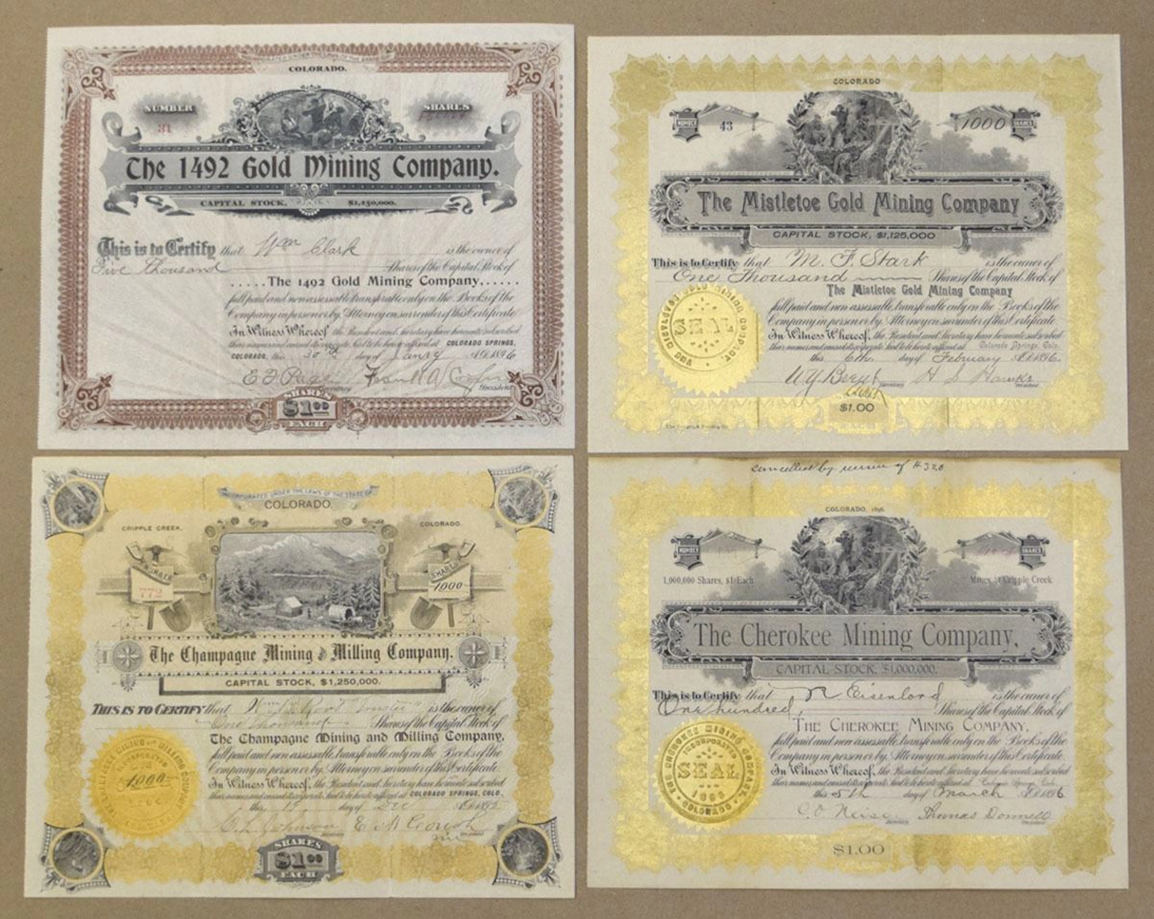 CO. Cripple Creek Mining Company Group, 1890s–1900s I/U Stock Certificates