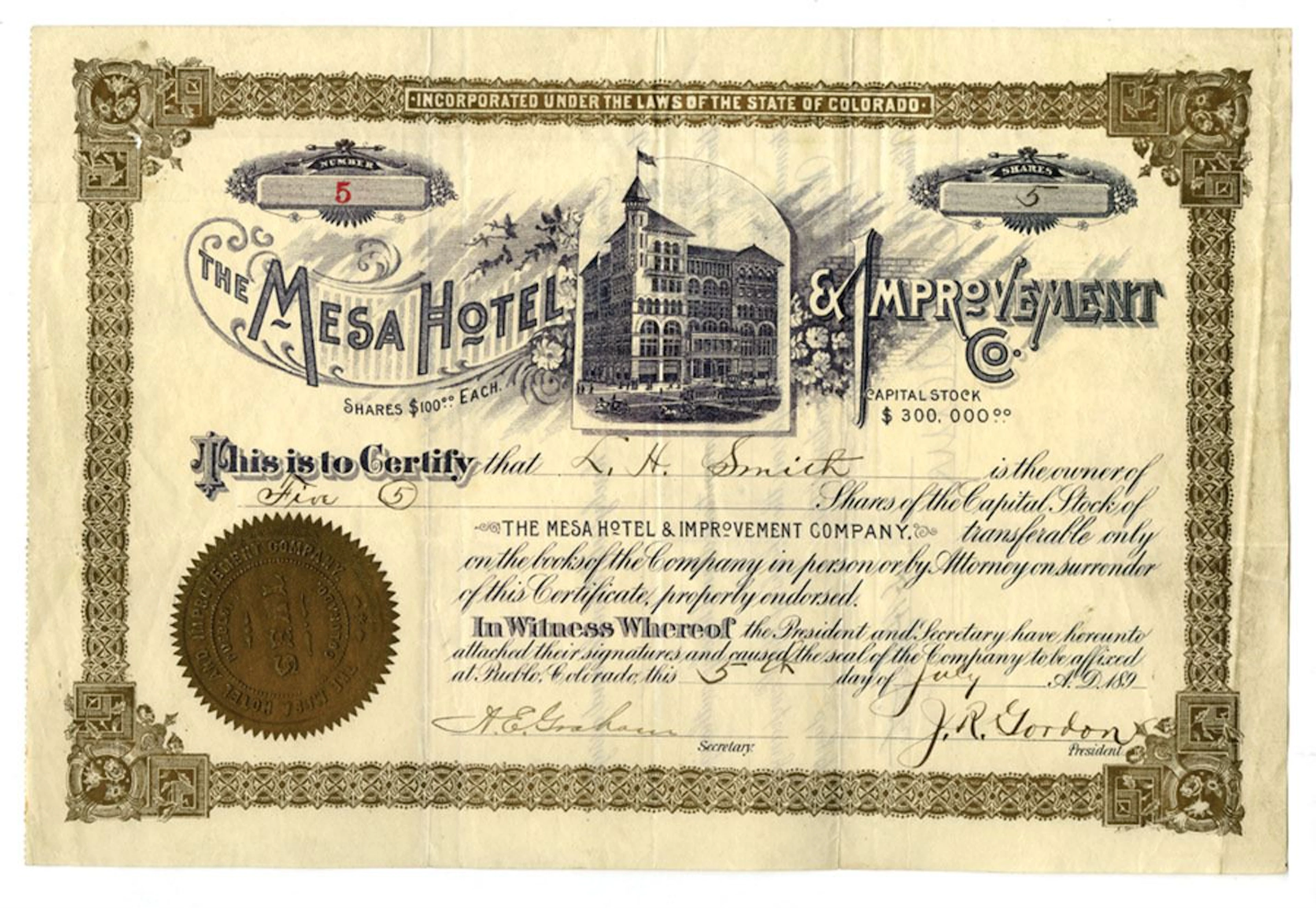 CO. Mesa Hotel & Improvement Co., 1893, I/U Stock Certificate.