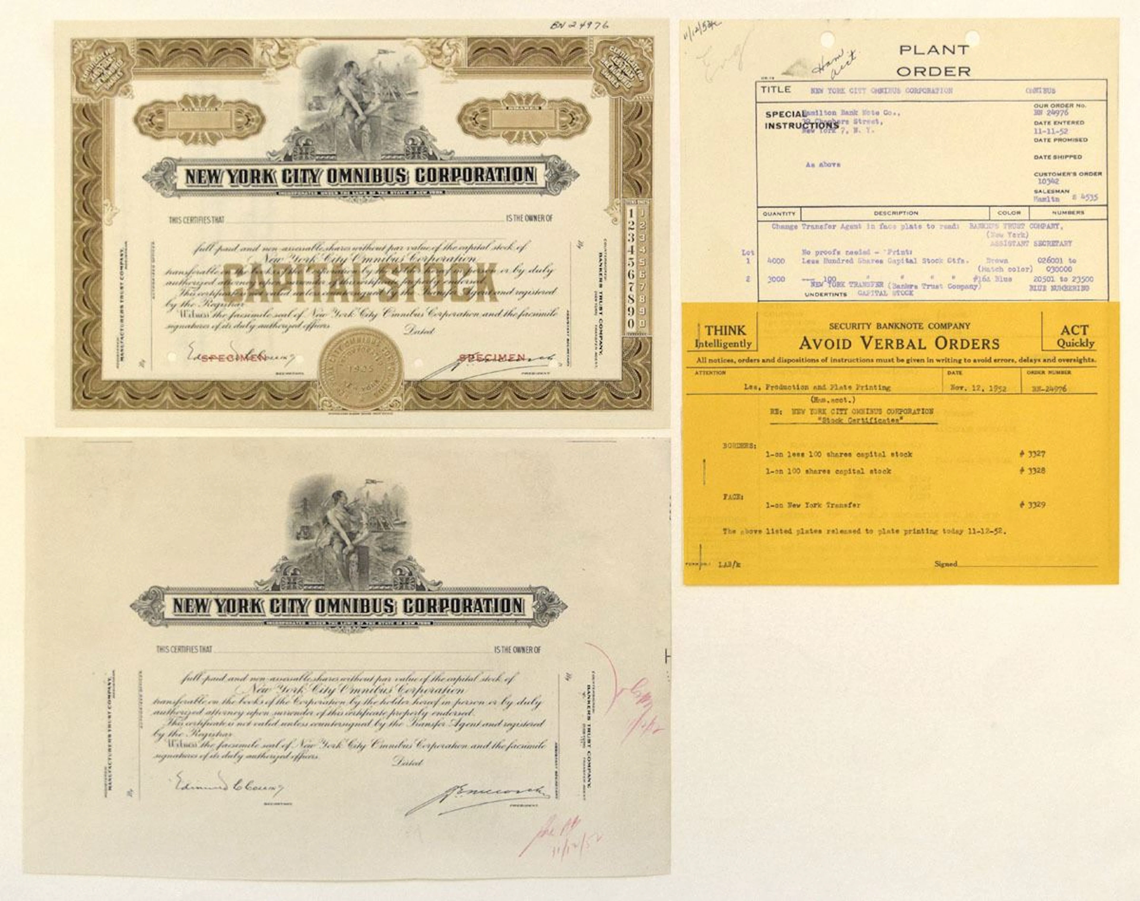 New York City Omnibus Corp., 1952, Proof, Specimen and Production