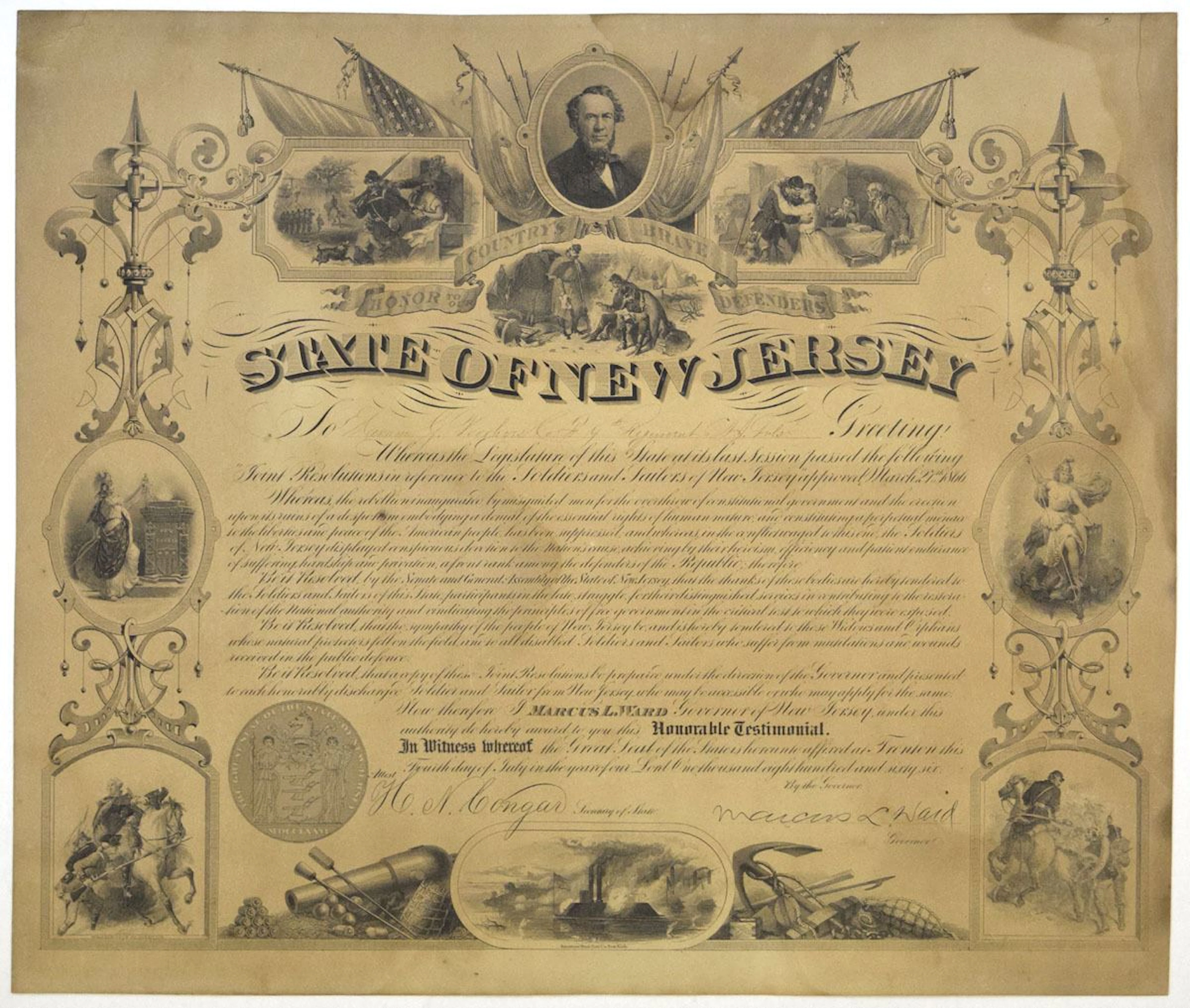 NJ. State of New Jersey Civil War Honorable Testimonial, 1866, Issued