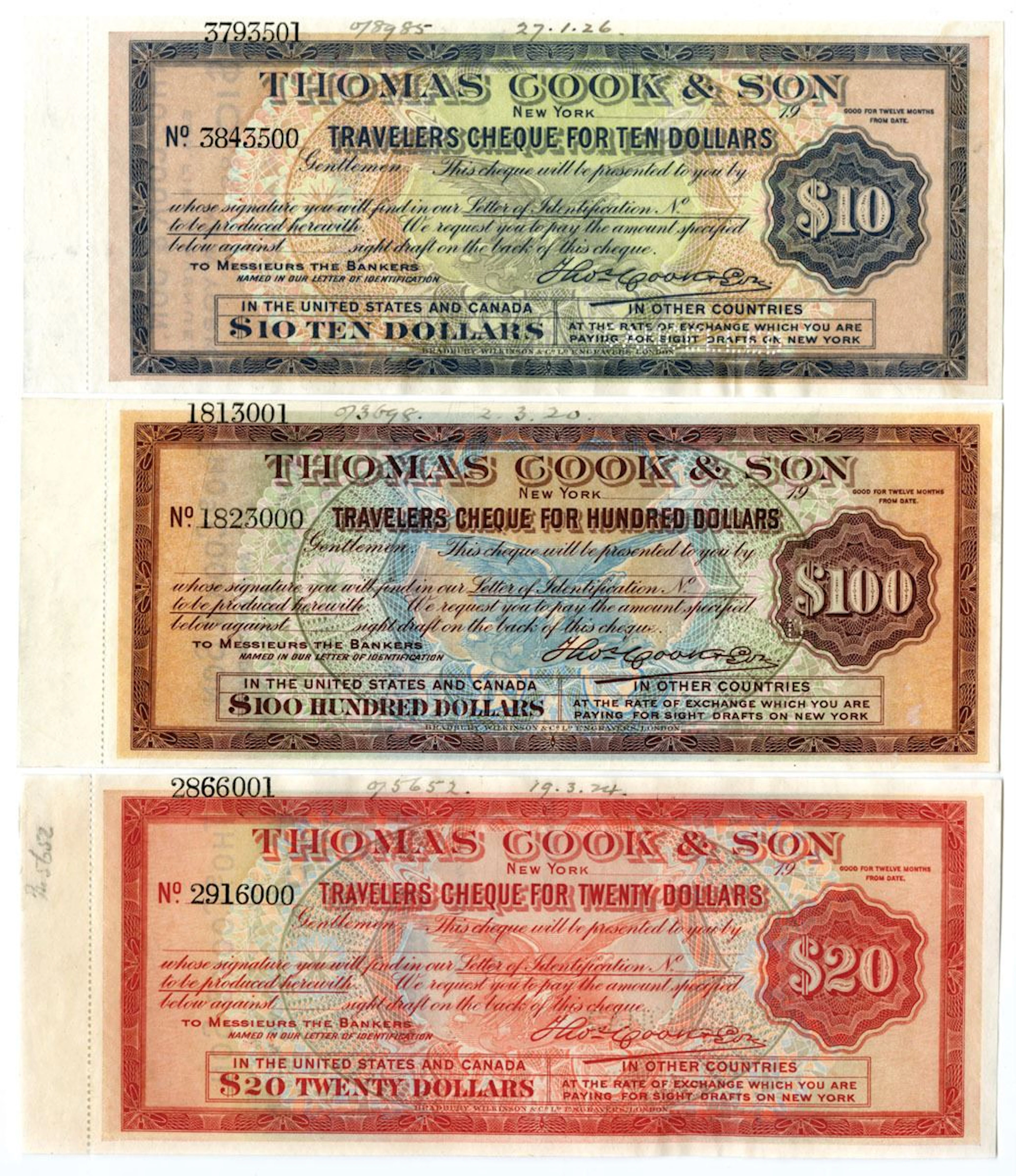 Canada & USA. Thomas Cook & Son Travelers Cheques, 1920 to 1926, Specimen Trio.