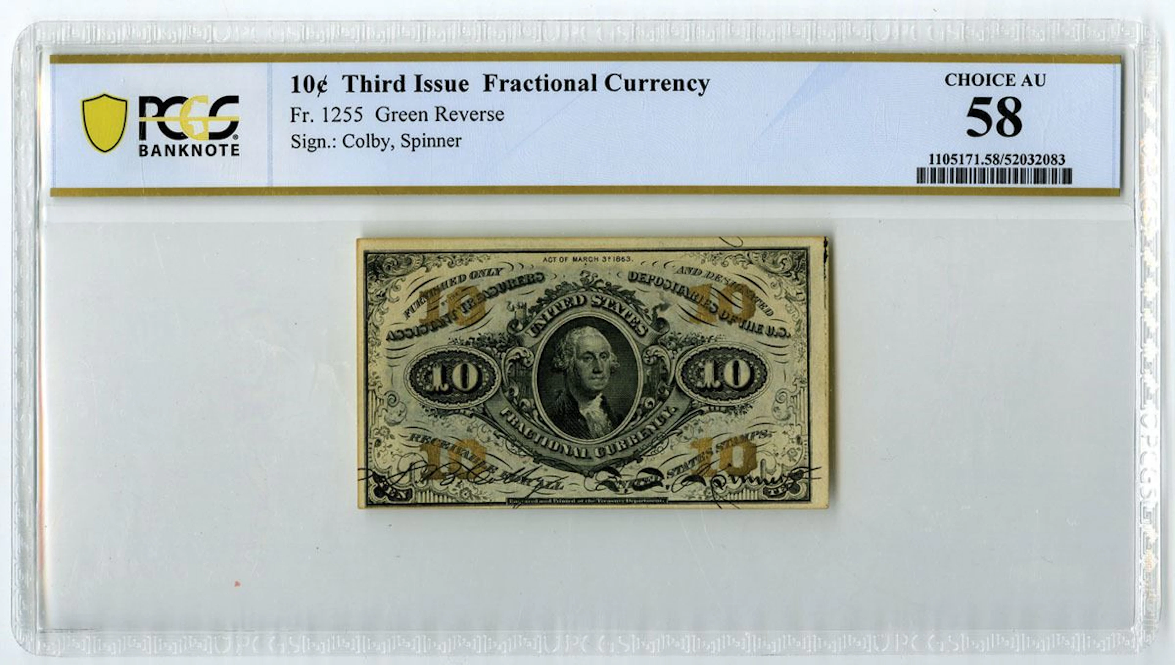 D.C. Third Issue Fractional Currency, 10 Cents, Fr.# 1255, Issued