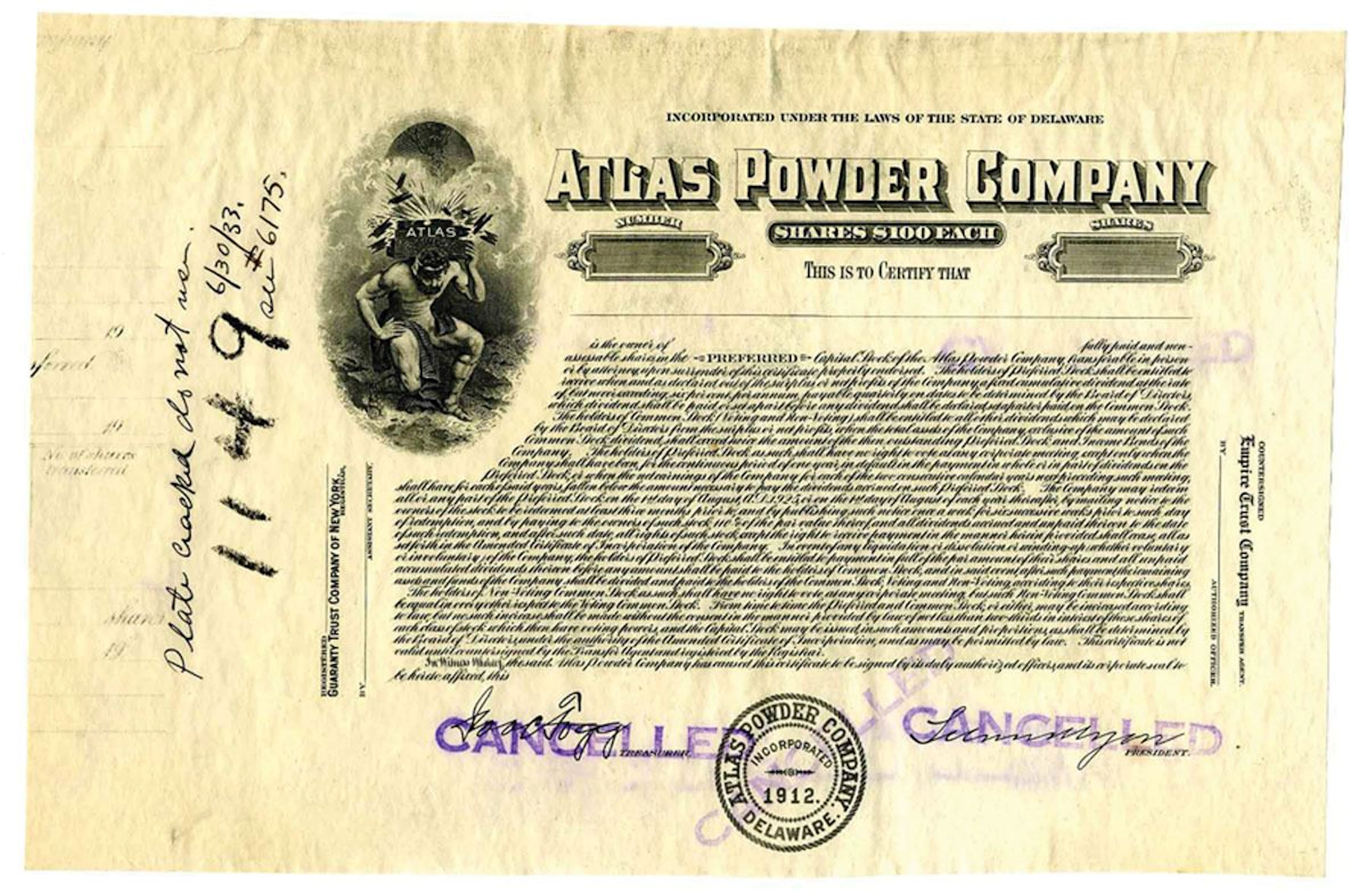 DE. Atlas Powder Co., 1933 I/U Cancellation Progress Proof Stock Certificate