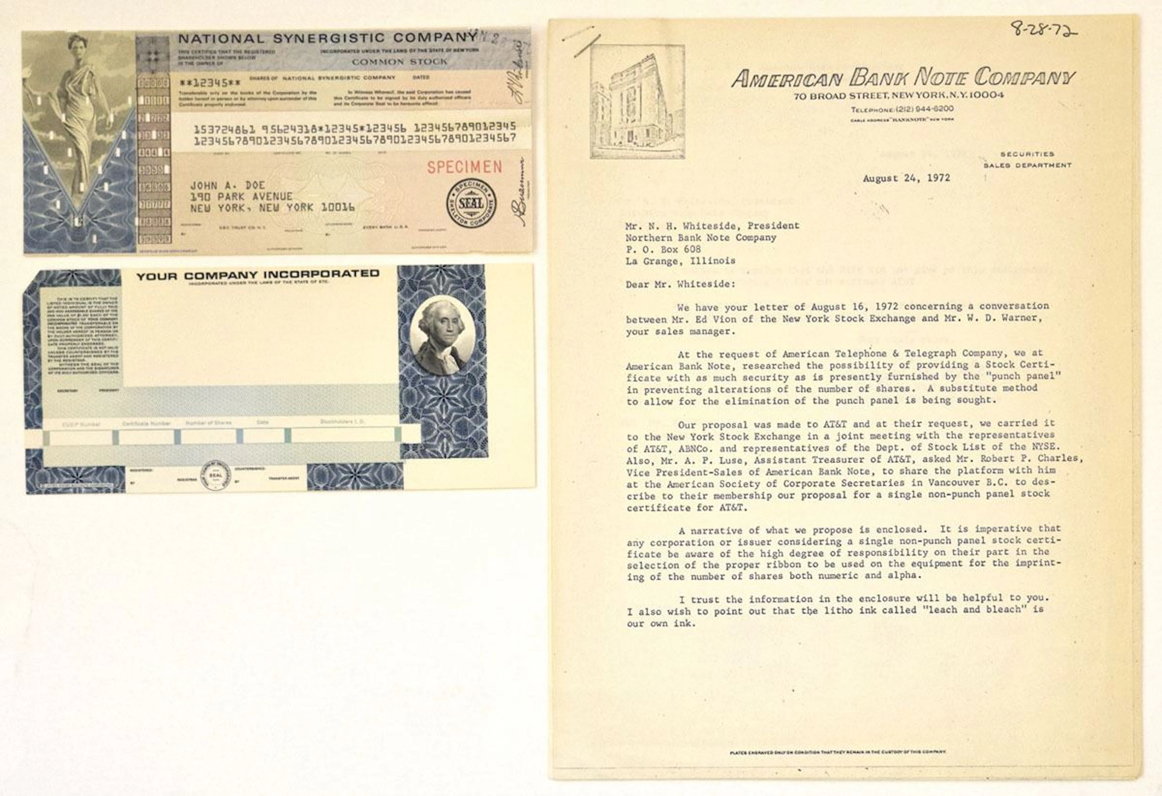 American Bank Note Co., 1972, Security Printing Specimen and Correspondence