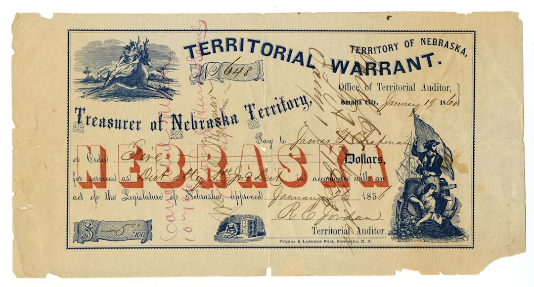 NE. Treasurer of Nebraska Territory Territorial Warrant, 1856 I/C