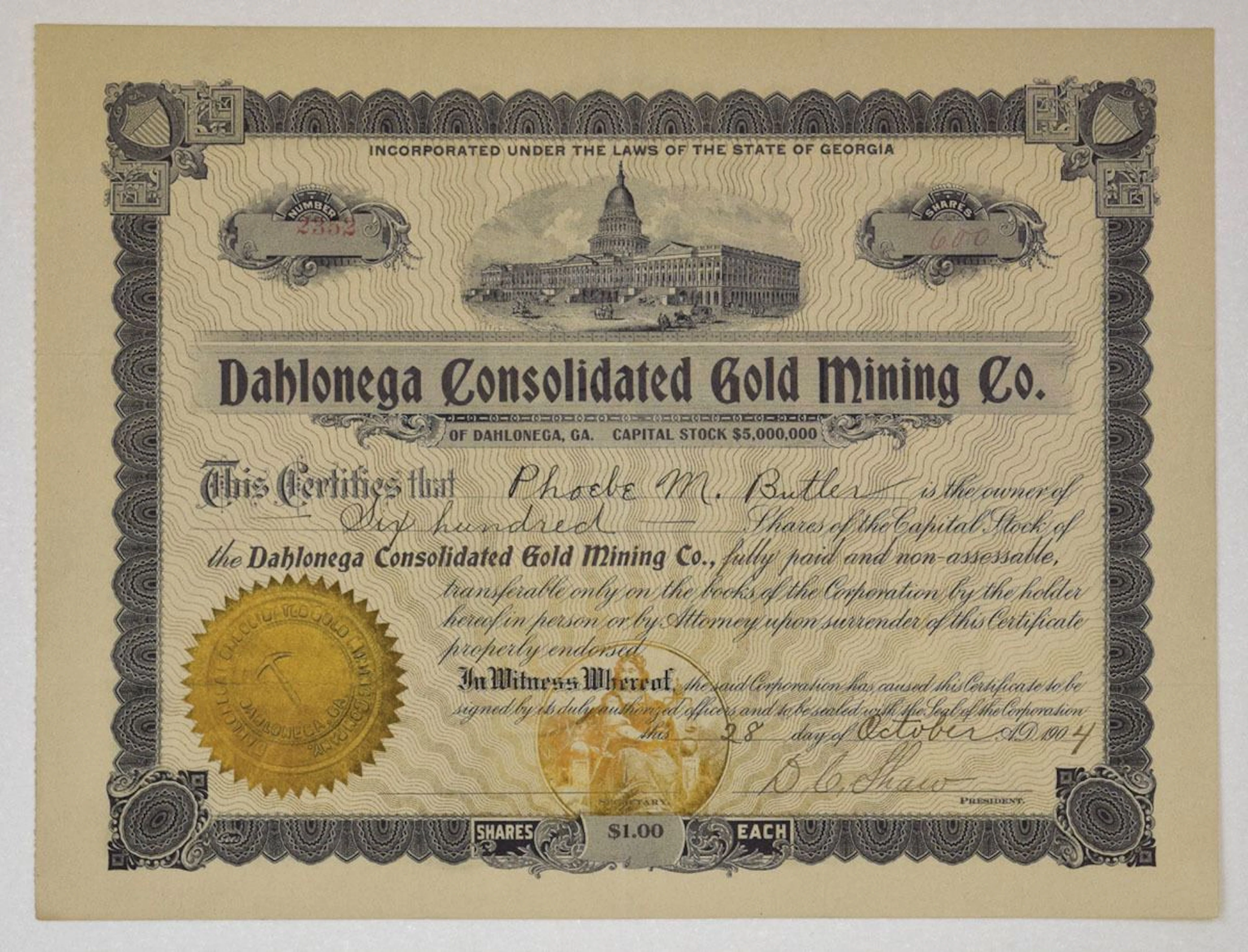 GA. Dahlonega Consolidated Gold Mining Co., 1904, I/U Stock Certificate.