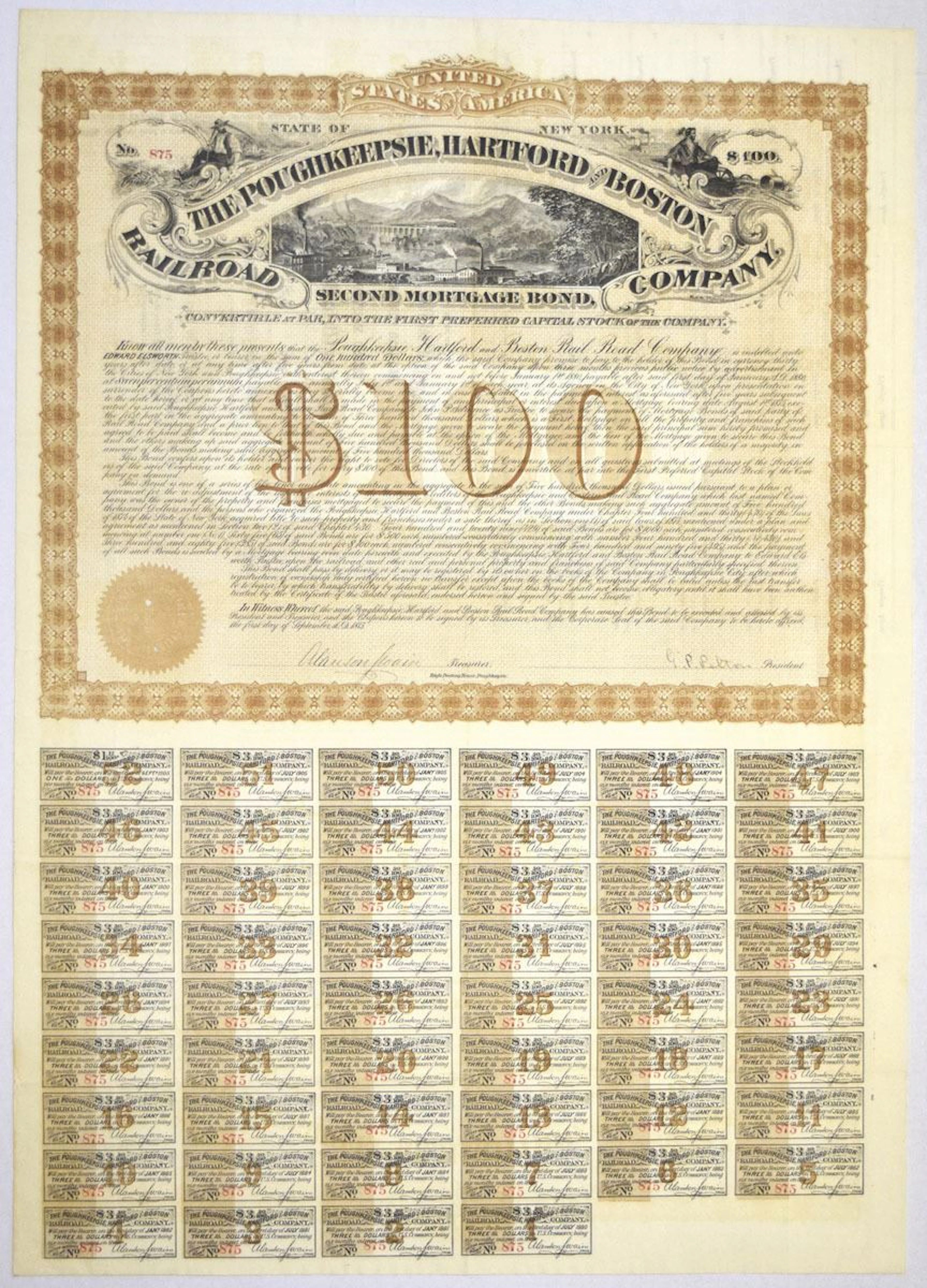 NY. Poughkeepsie, Hartford and Boston Railroad Co., 1875, I/U Coupon Bond.