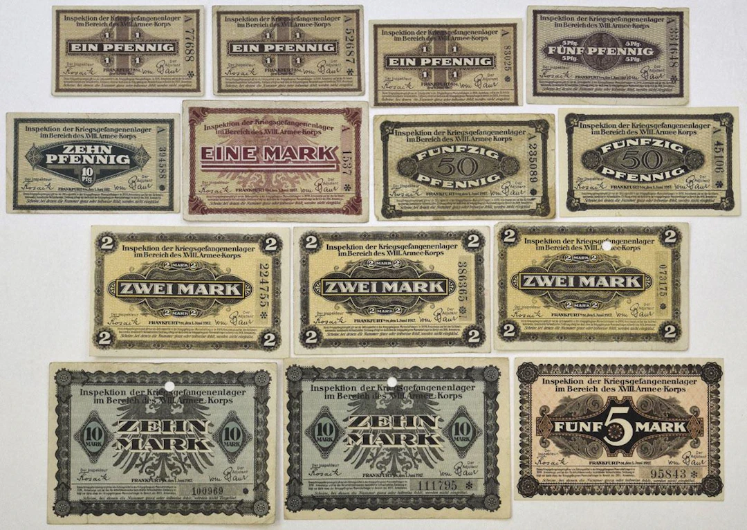 Germany. Frankfurt POW Camp Currency, 1917, Issued World War I Assortment.
