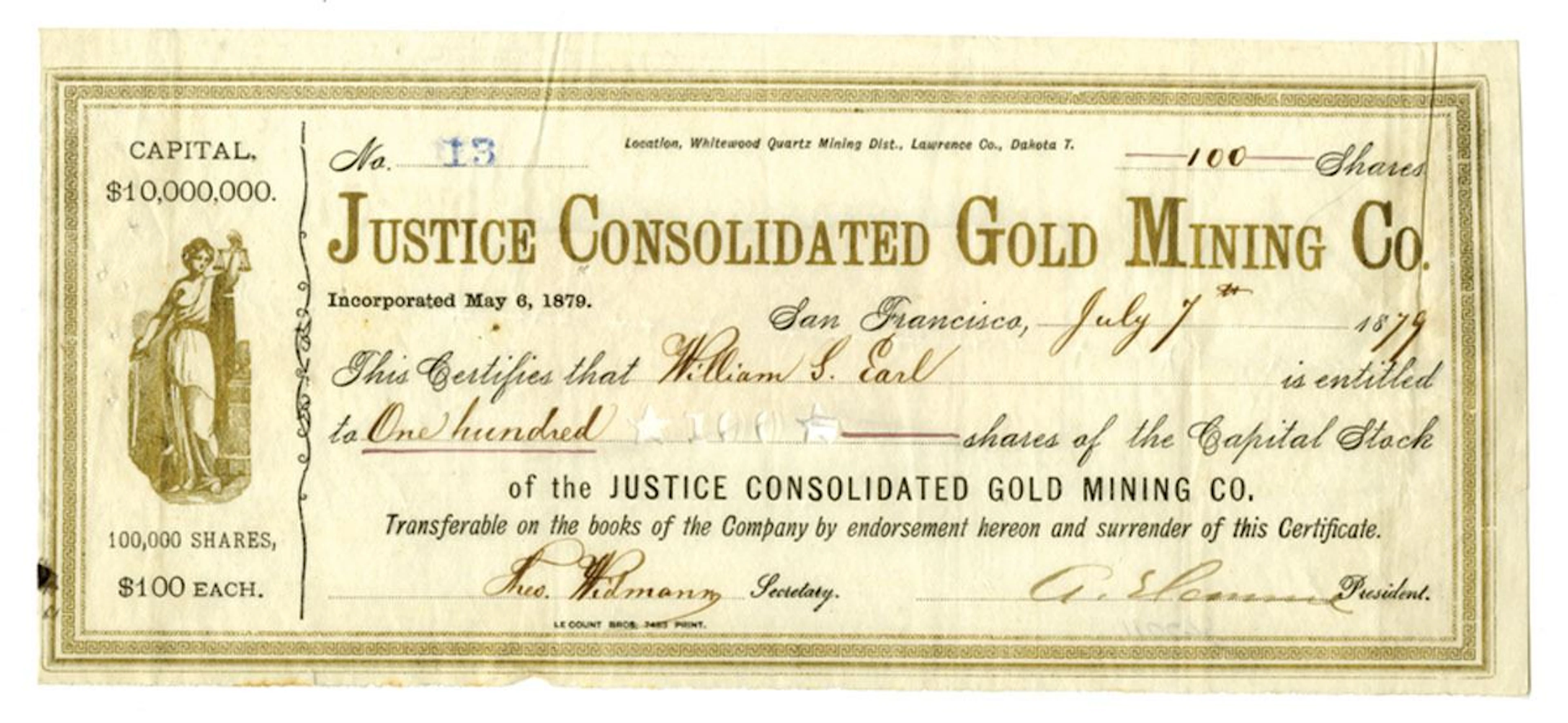 Dakota Territory. Justice Consolidated Gold Mining Co., 1879, I/U