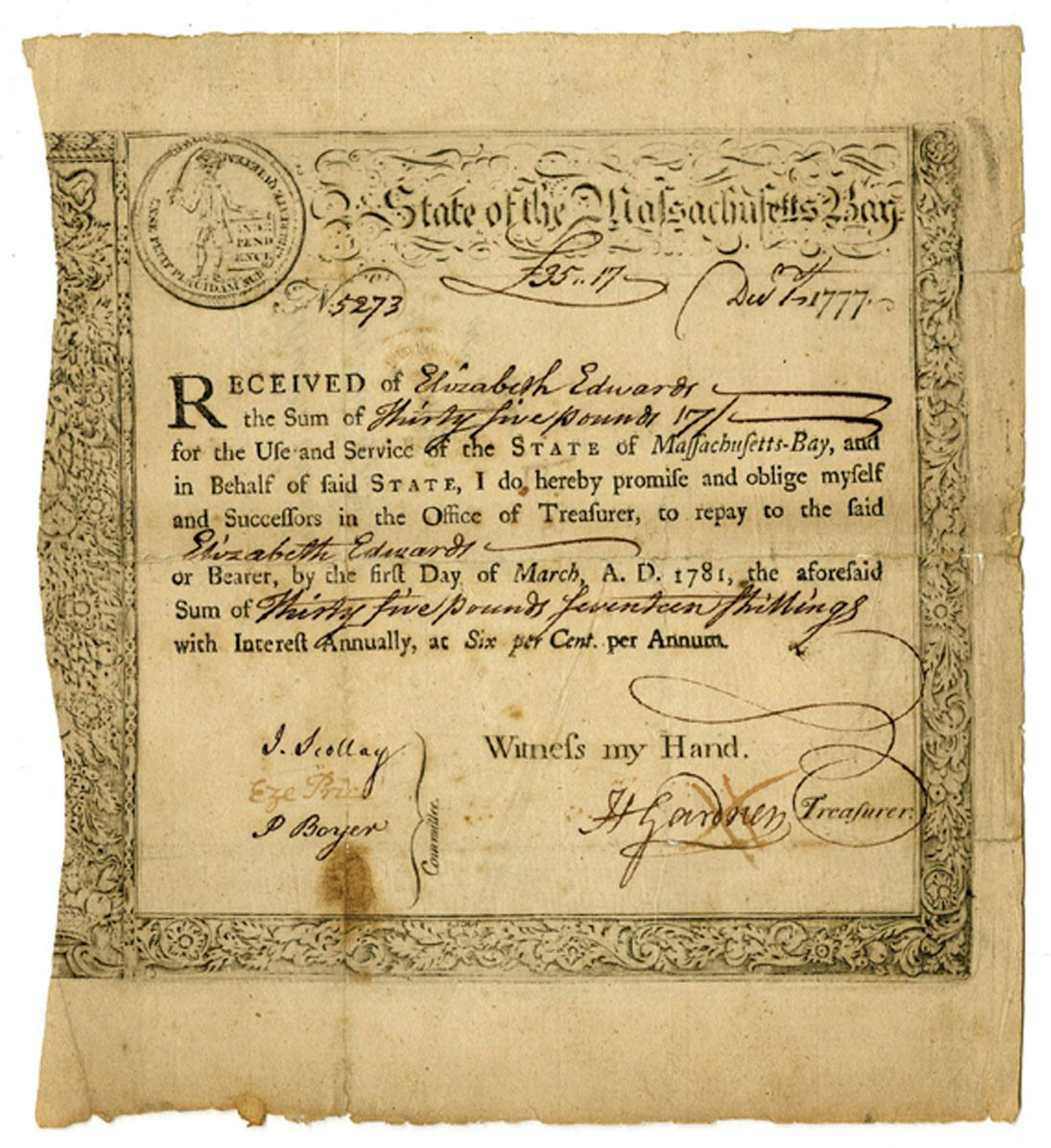 MA. State of Massachusetts-Bay, 1777 Revolutionary War Loan Certificate.
