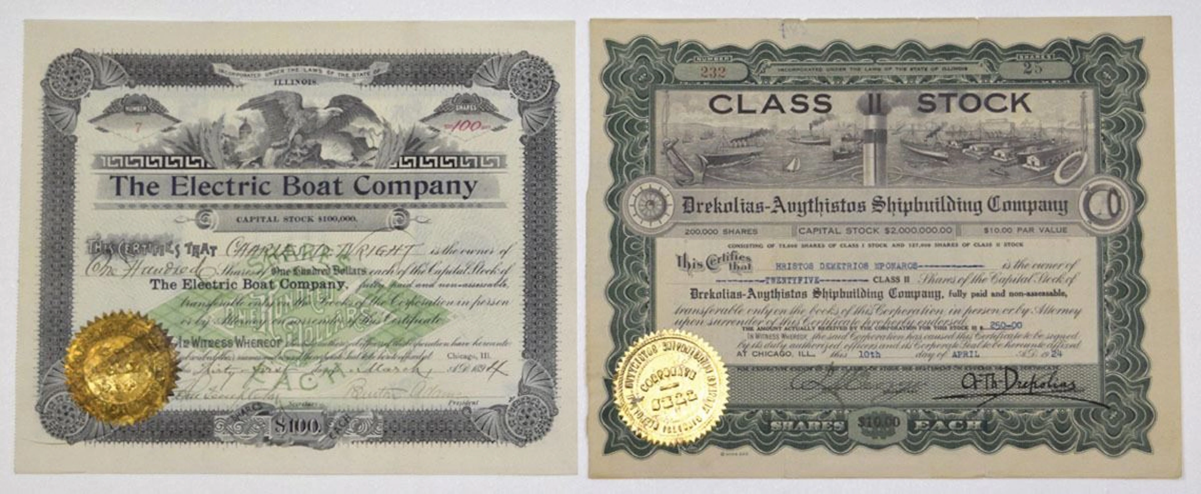 IL. Illinois Shipbuilding Companies, 1894 and 1924, I/U Stock Certificate Pair.