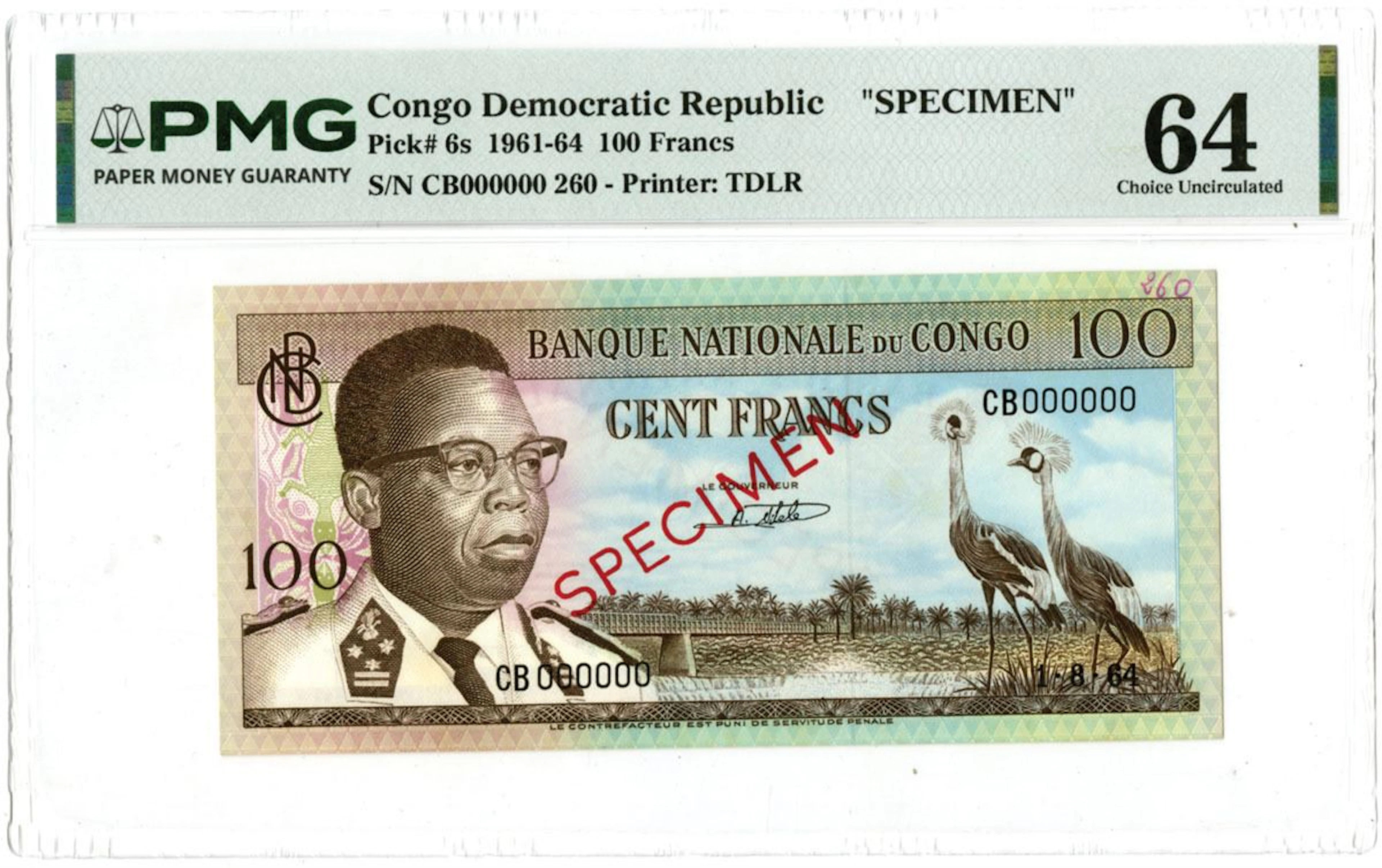 Congo DR. Banque Nationale du Congo, 1964, Specimen Banknote.