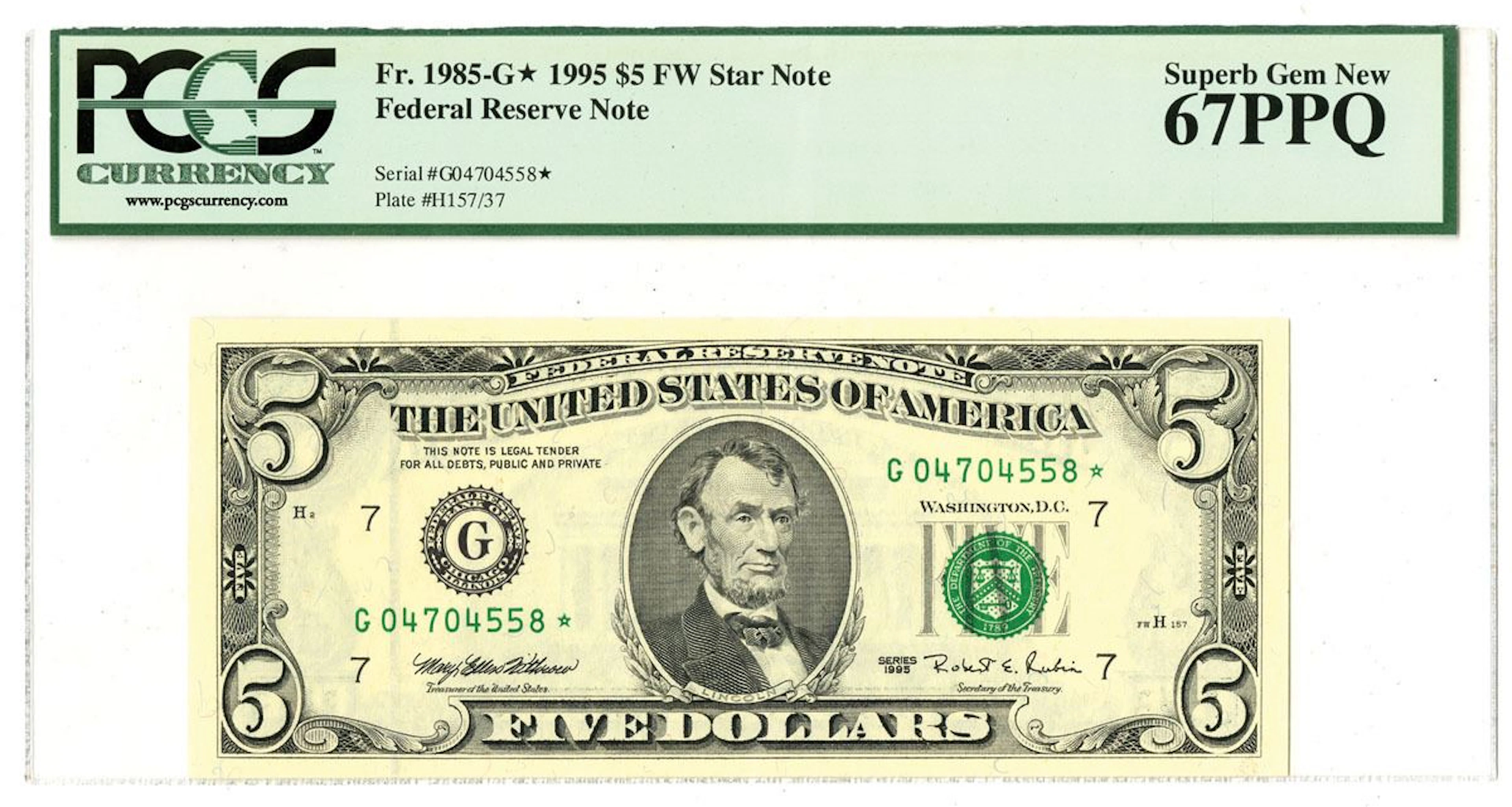 U.S. F.R.N., $5, Series 1995, Fr.# 1985-G*, High Grade Issued Star Note.