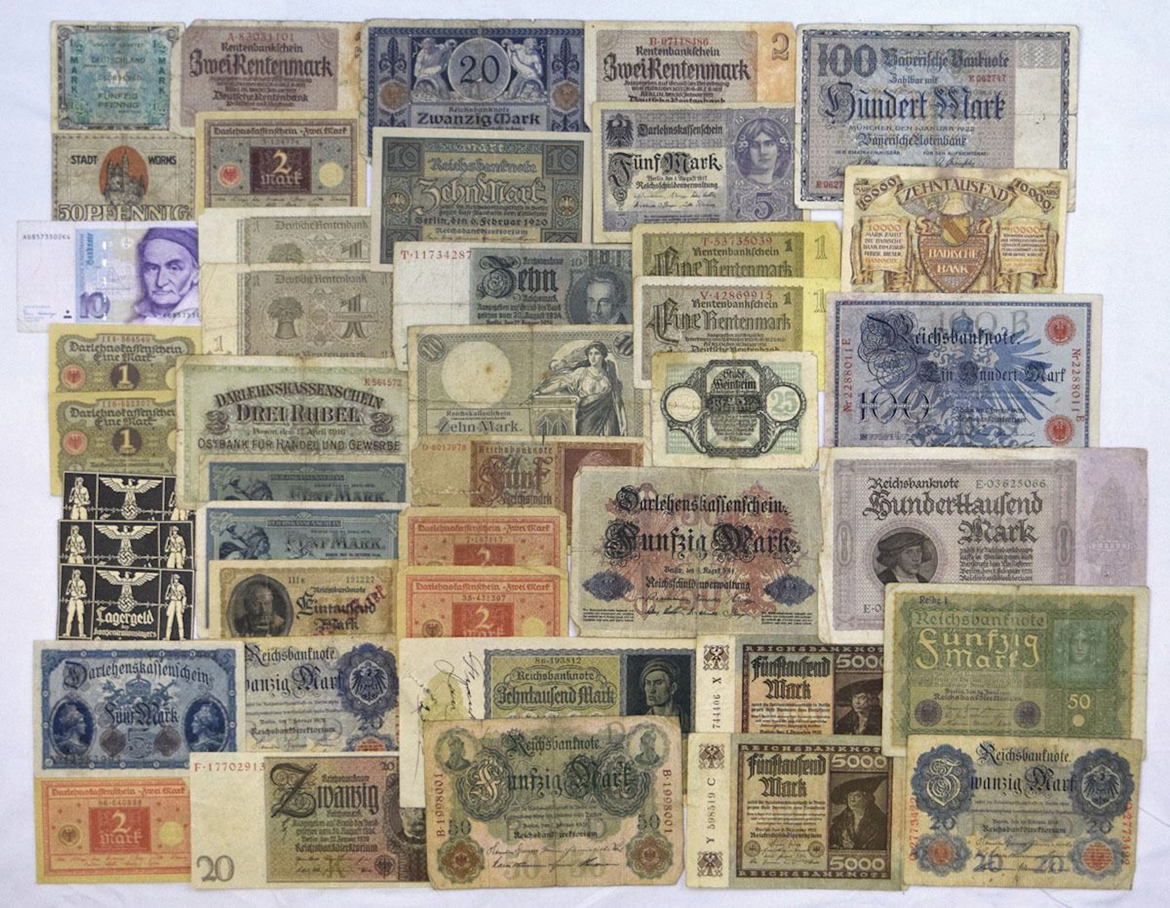 German Banknote Assortment, Imperial to Modern Issues, 1910s to 1989
