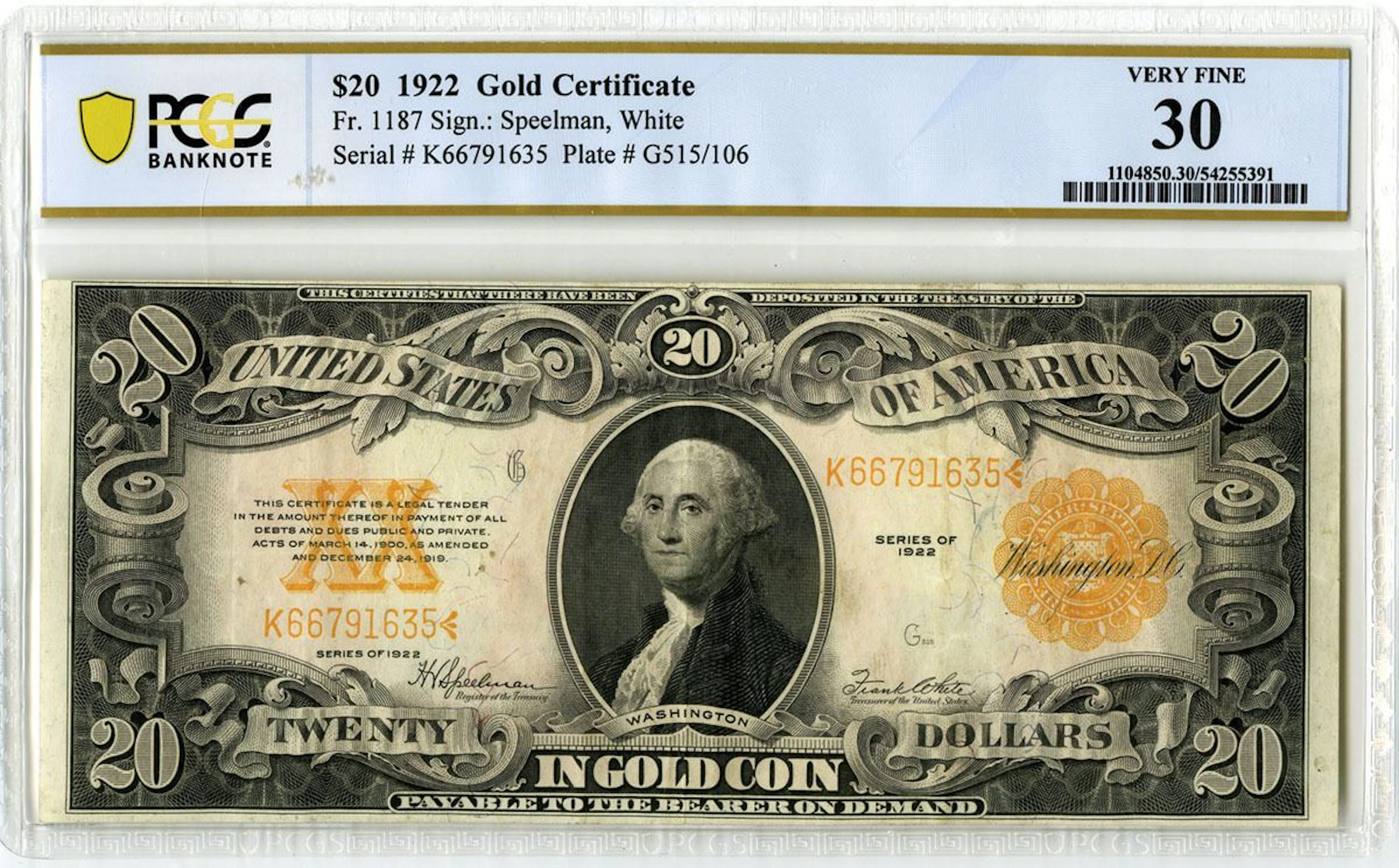 U.S. Gold Certificate. 1922 $20, Fr.# 1187, Issued Banknote, PCGS Very Fine 30
