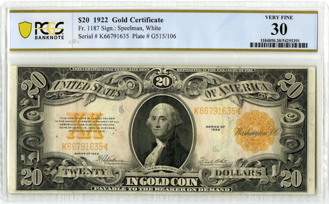 U.S. Gold Certificate. 1922 $20, Fr.# 1187, Issued Banknote, PCGS Very Fine 30