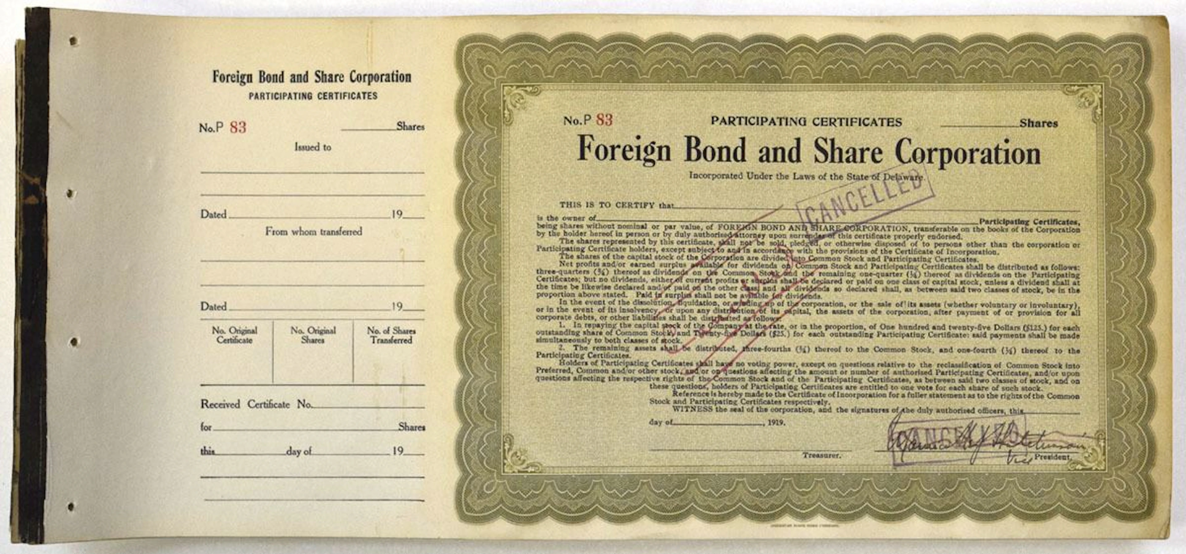 Foreign Bond and Share Corp., 1919, Remainder Certificate Book.