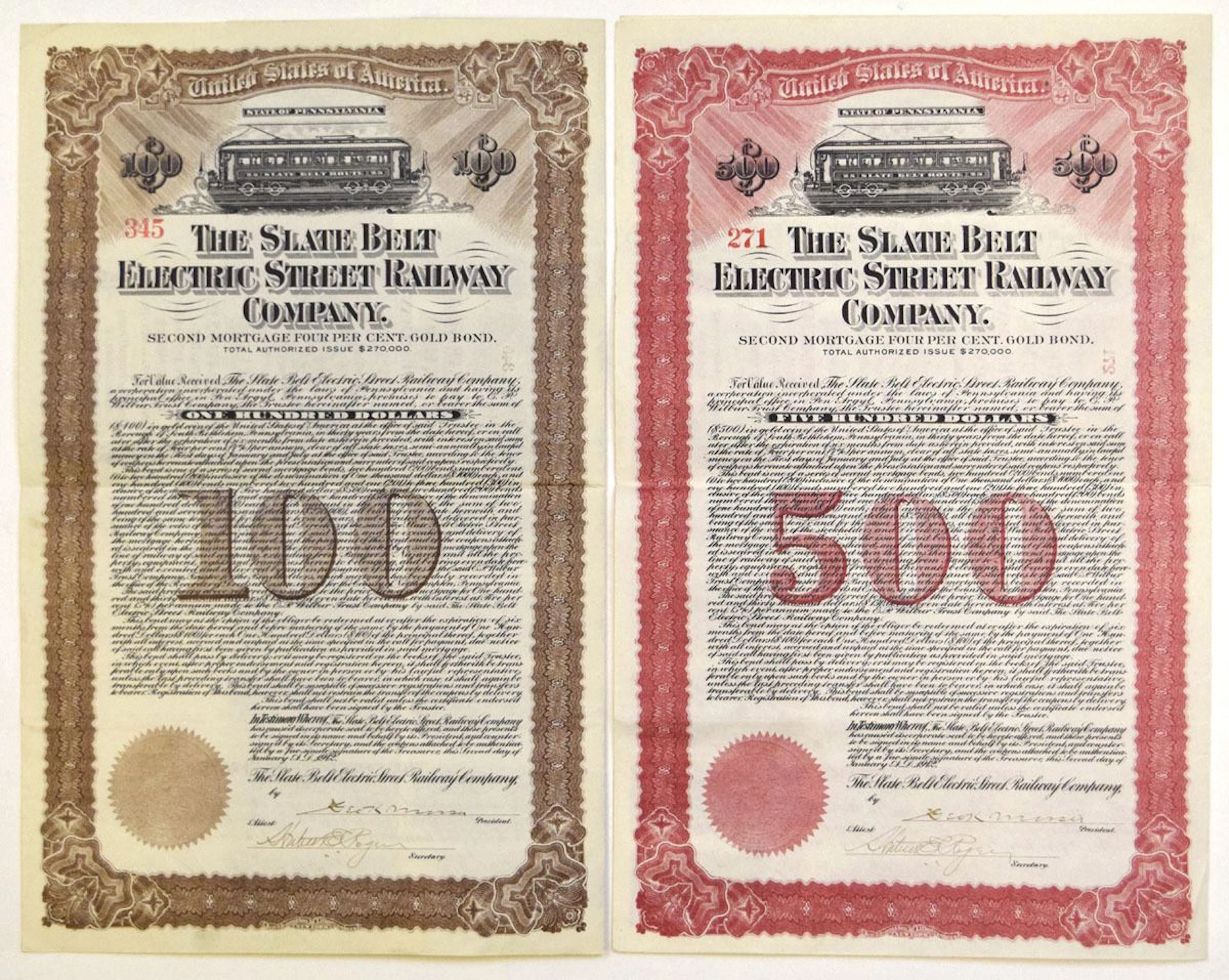 PA. Slate Belt Electric Street Railway Co., 1912, I/U Bond Pair.