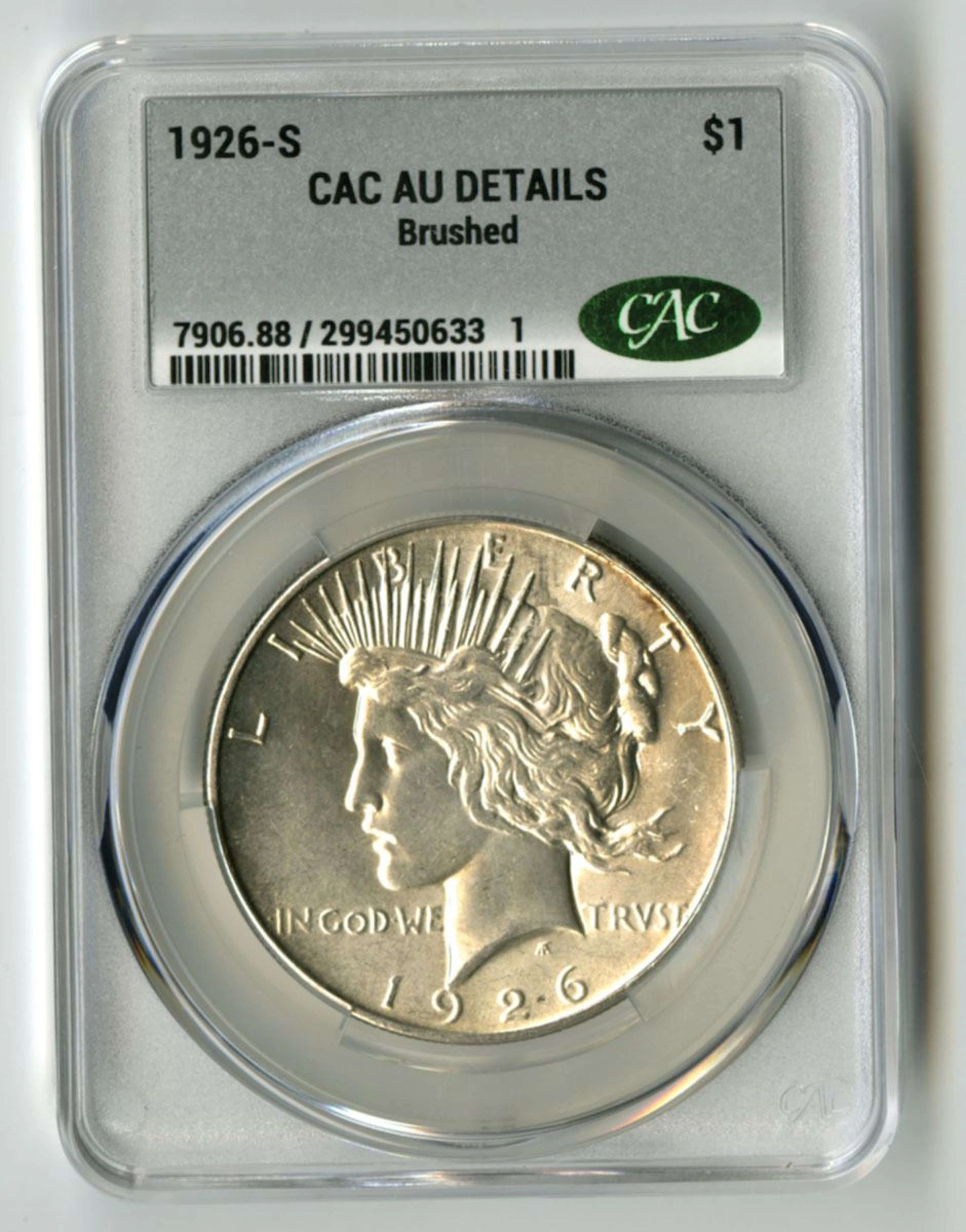 U.S., Peace Silver Dollar, 1926-S, CAC AU Details (Brushed)