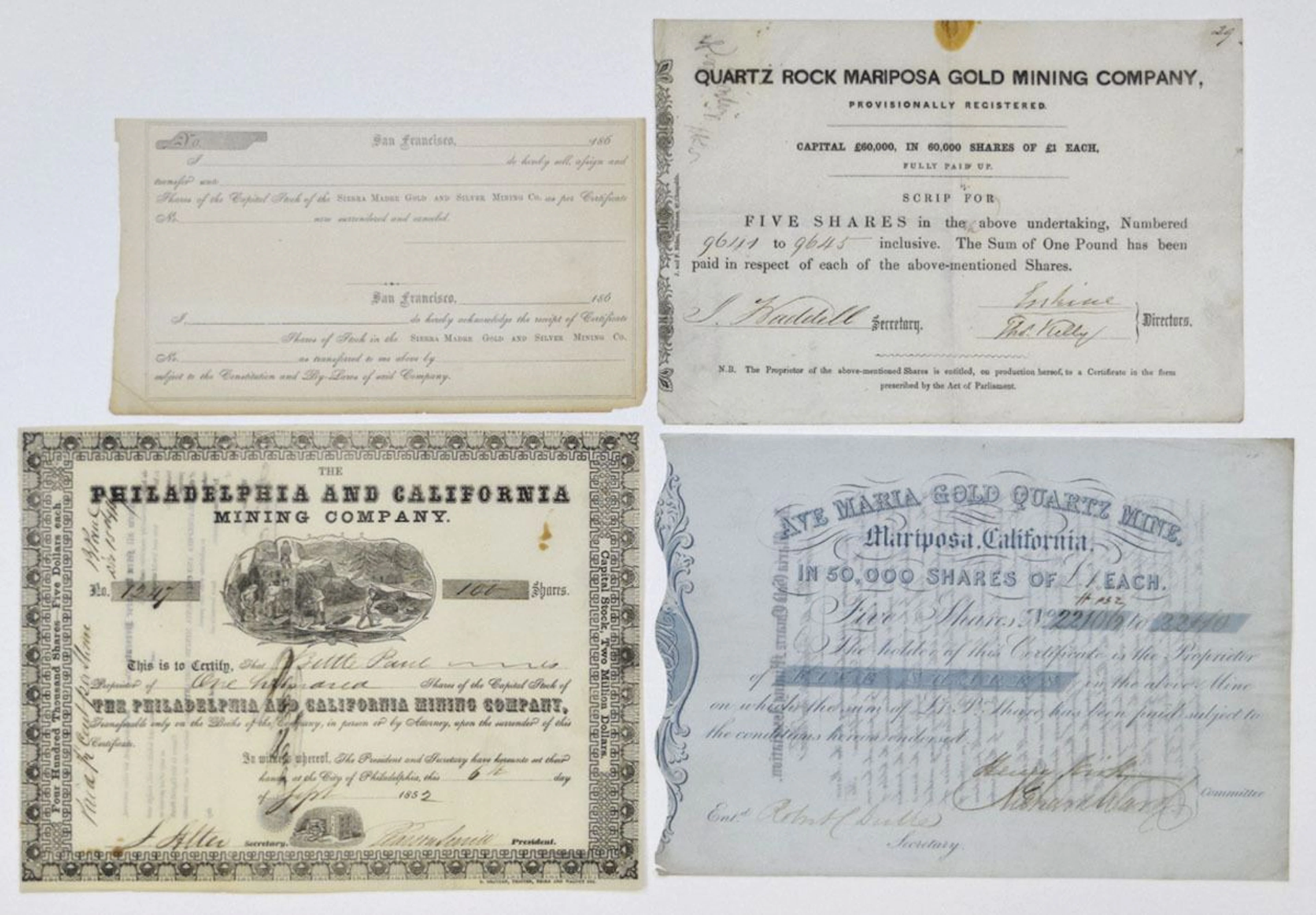 CA & PA. California Gold Rush Era Mining Stock Certificates Including