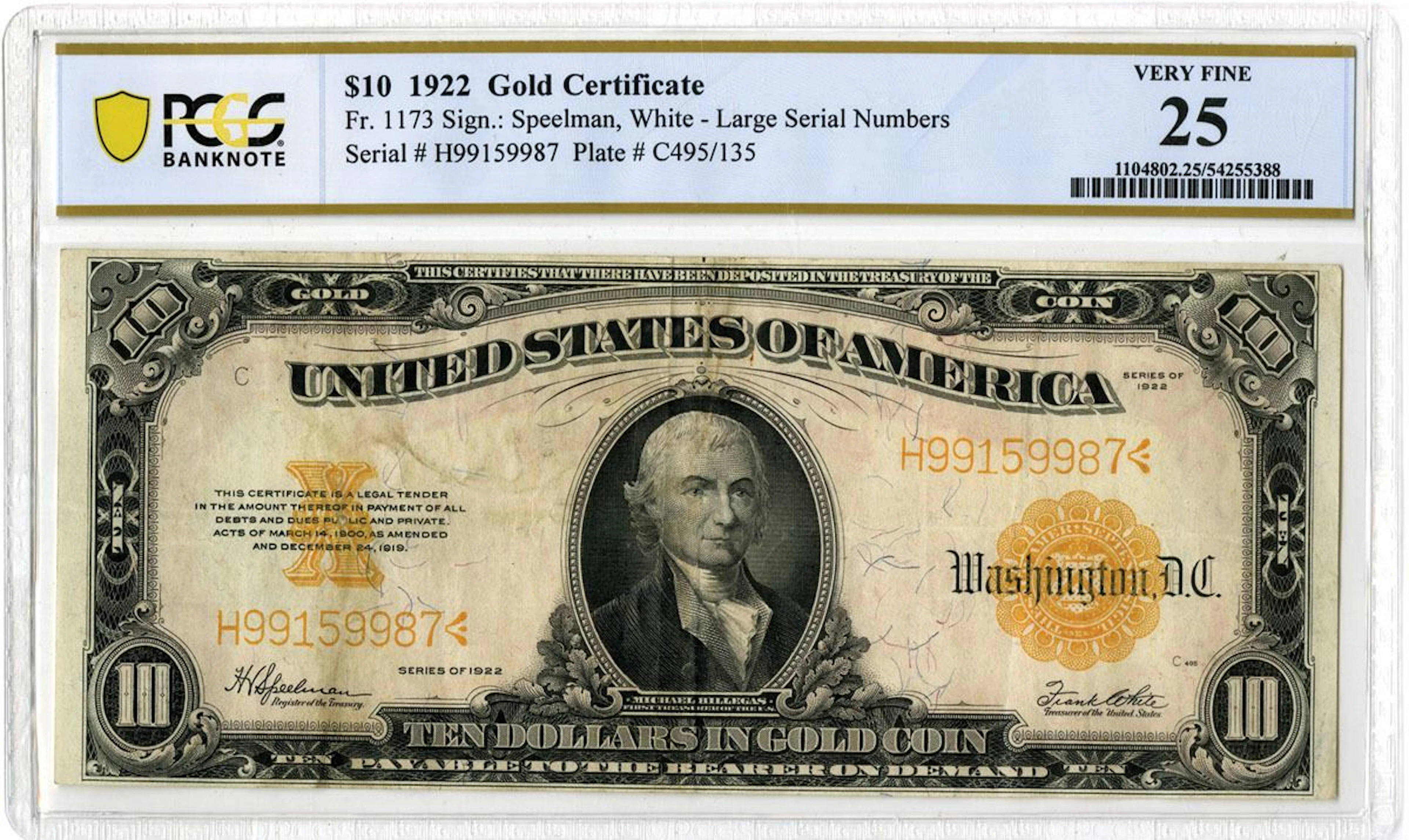 U.S. Gold Certificate. 1922 $10, Fr.# 1173, Issued Banknote, PCGS Very Fine 25