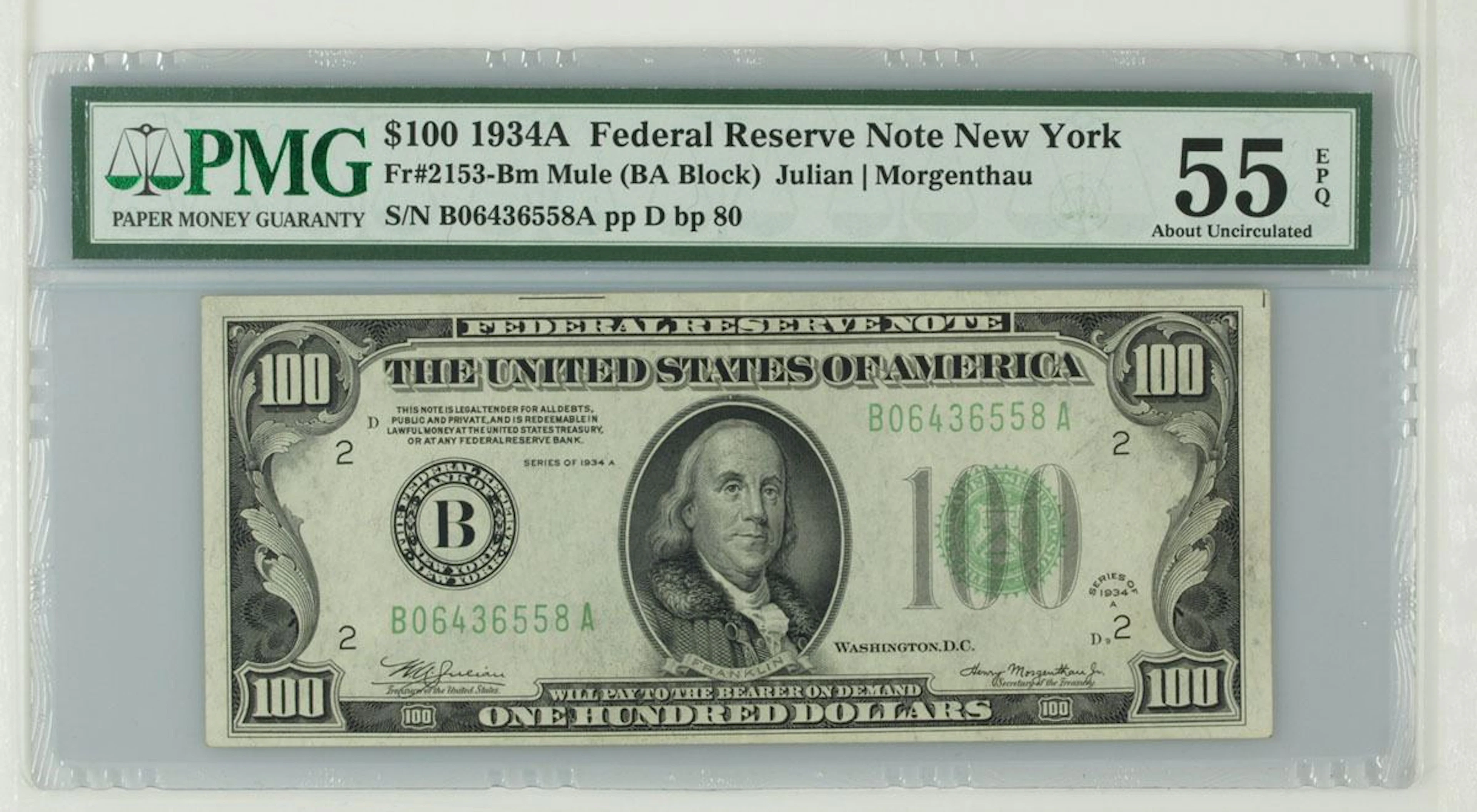 U.S. F.R.N., New York. 1934A $100, Fr.# 2153-Bm, Issued Banknote