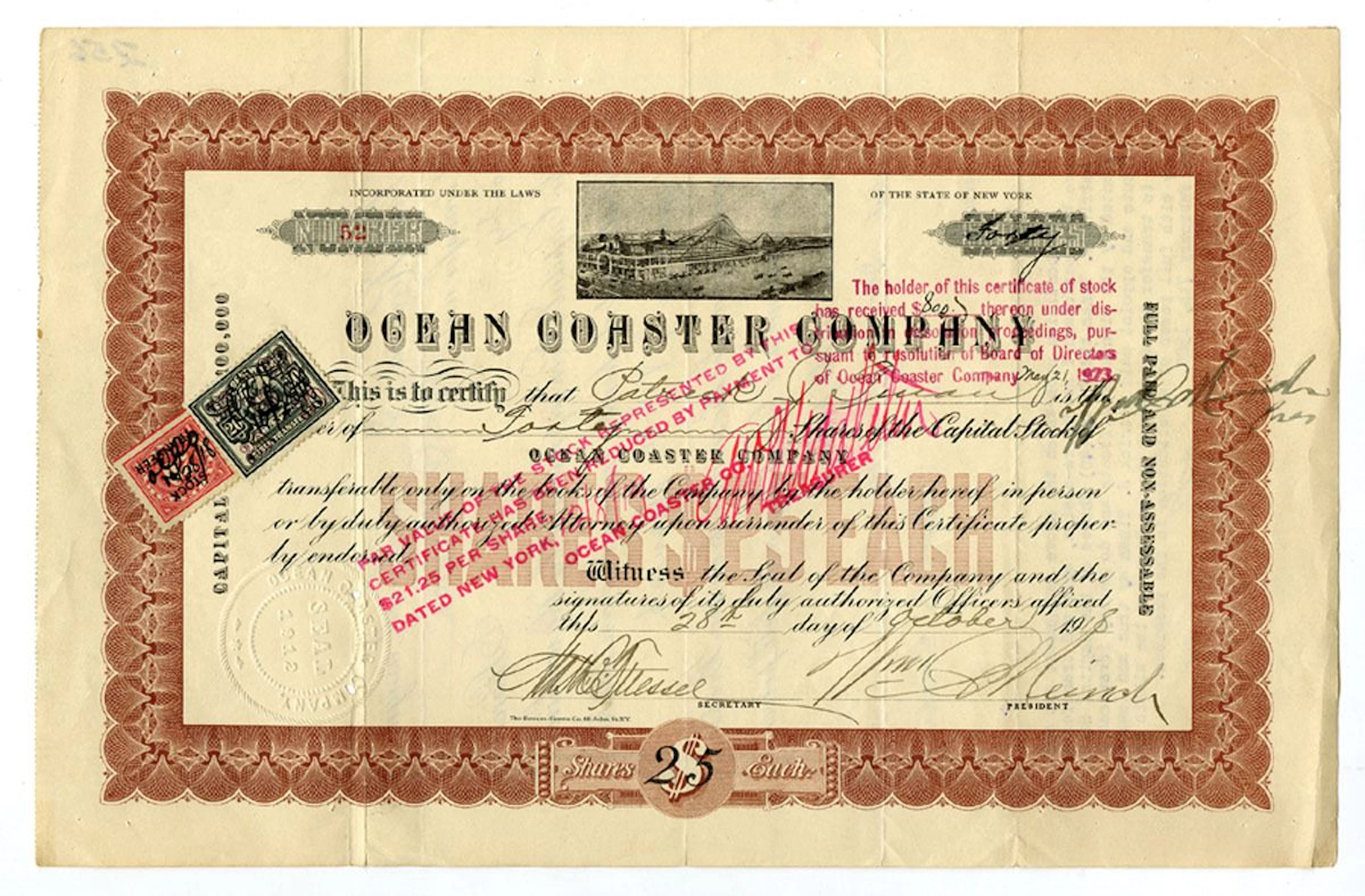 NY. Ocean Coaster Co., 1918, I/U Stock Certificate