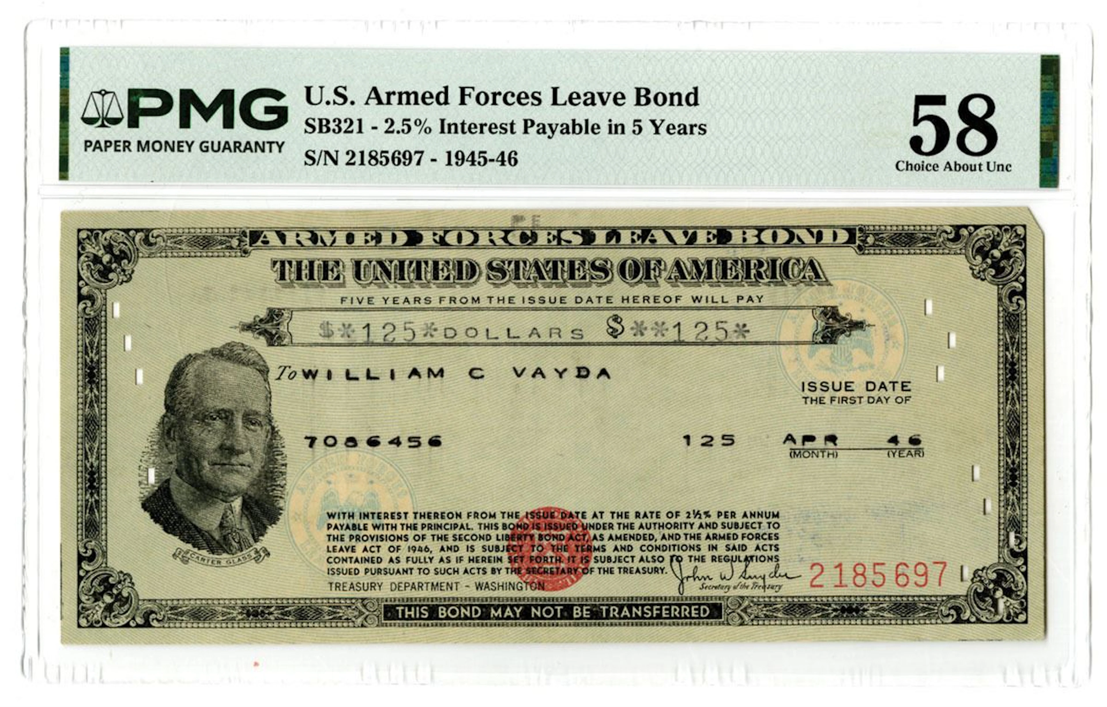 U.S., Armed Forces Leave Bond, 1946, $125, I/C, Savings Bond.