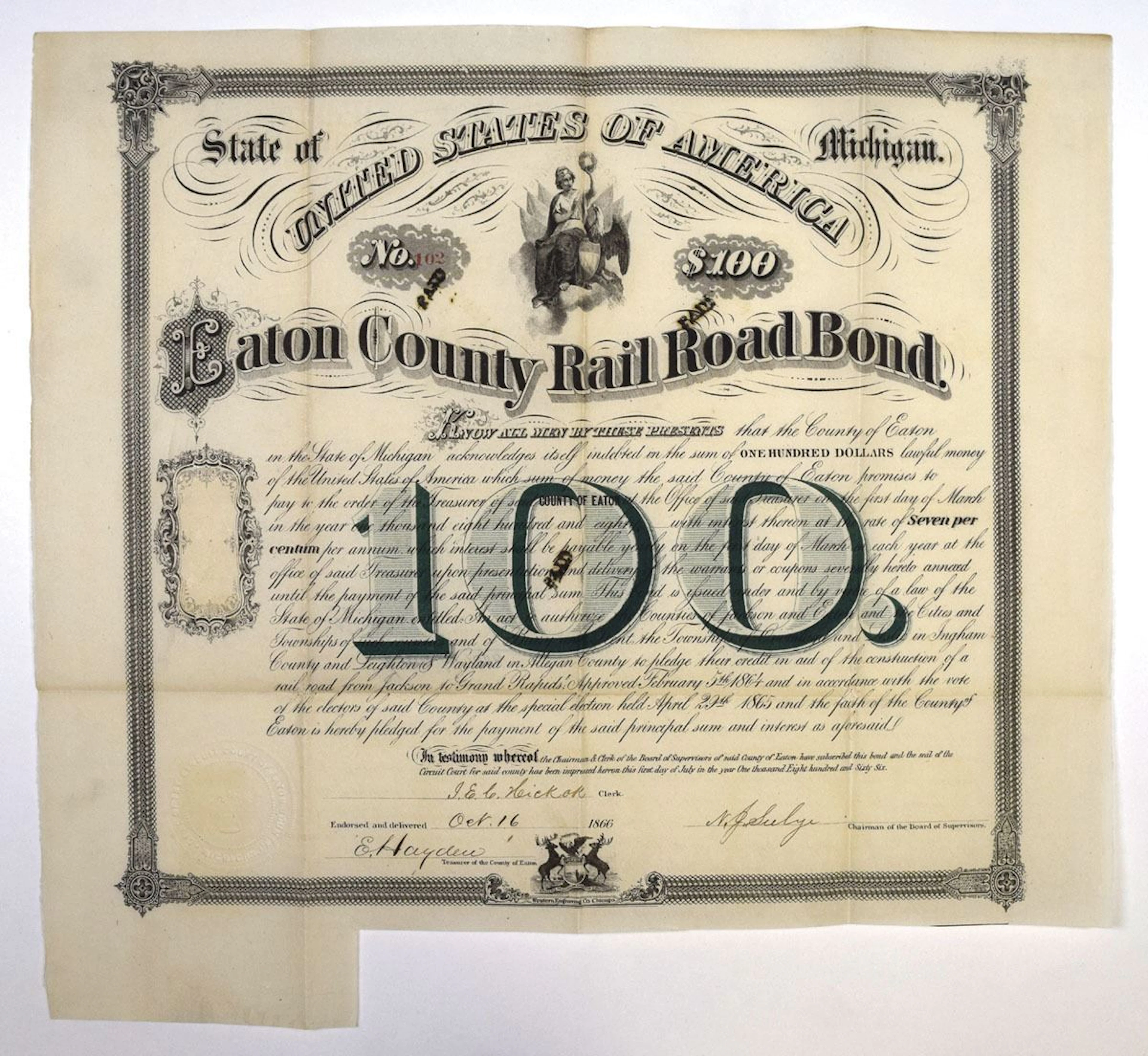 MI. Eaton County Rail Road Bond, 1866, I/C Bond.