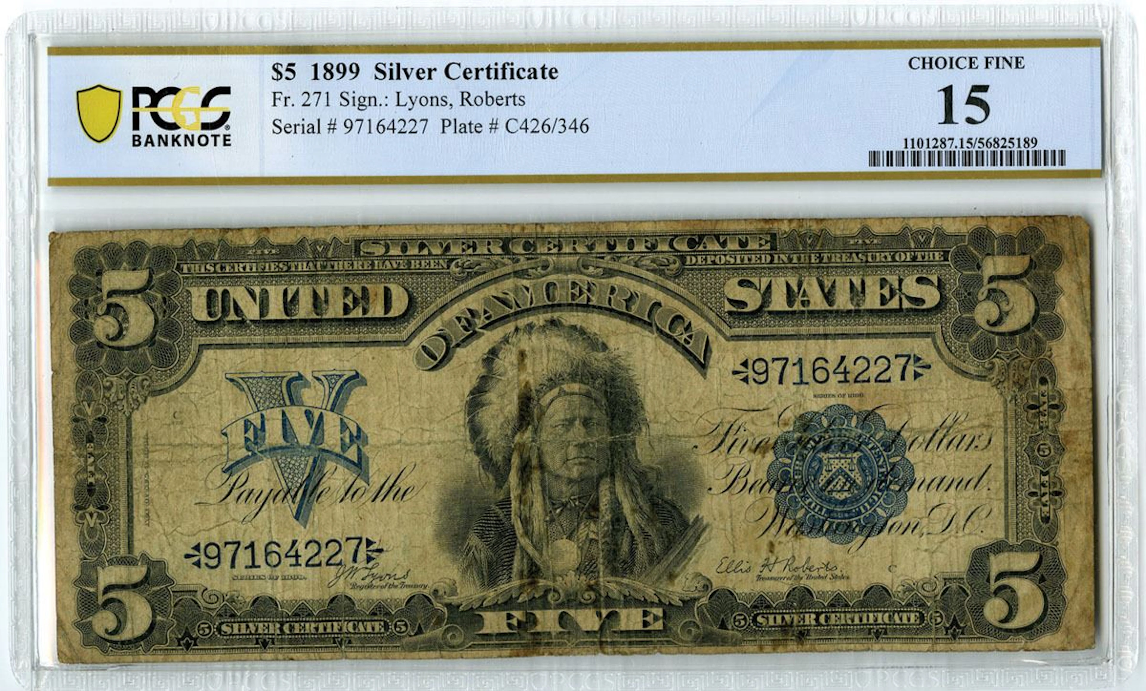 U.S. Silver Certificate. 1899 $5, Fr.# 271, "Indian Chief" Note, Issued