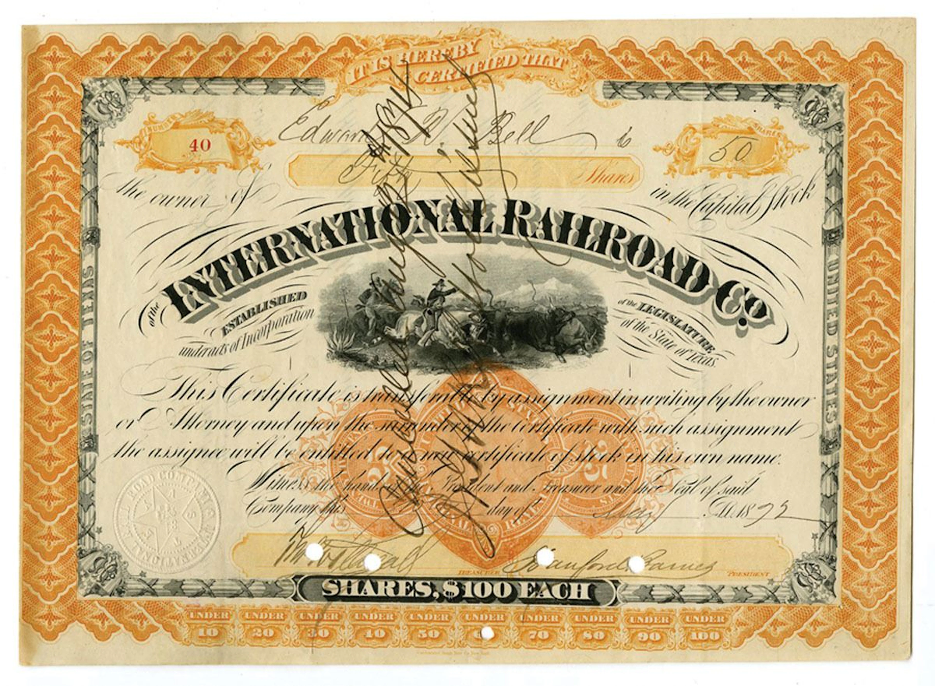 TX. International Railroad Co., 1872, I/C Stock Certificate with U.S.